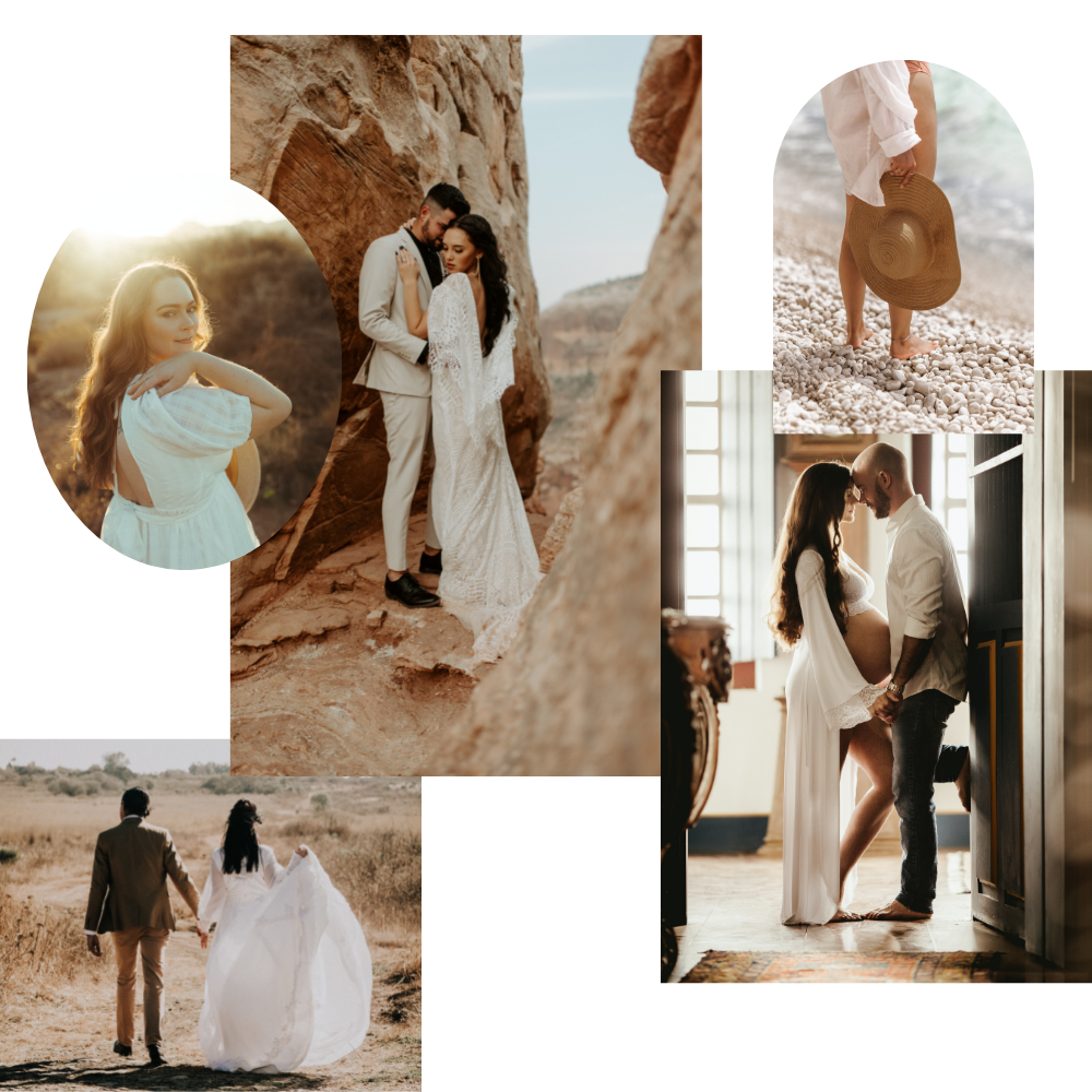 Collage of romantic and maternity photos featuring couples in natural and indoor settings, highlighting themes of love, intimacy, and pregnancy.