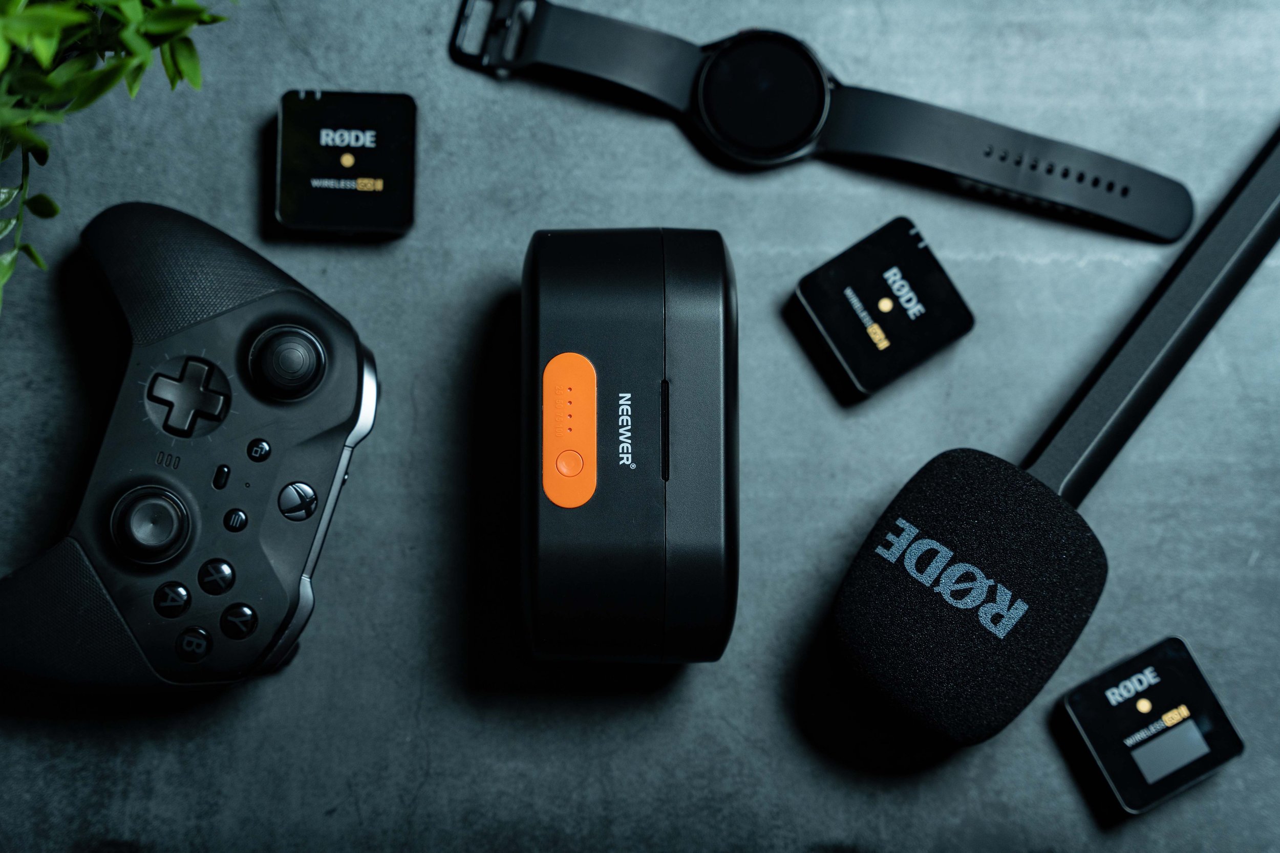 Essentials including Rode Microphones, Neewer Charging Case, Xbox controller & Samsung watch