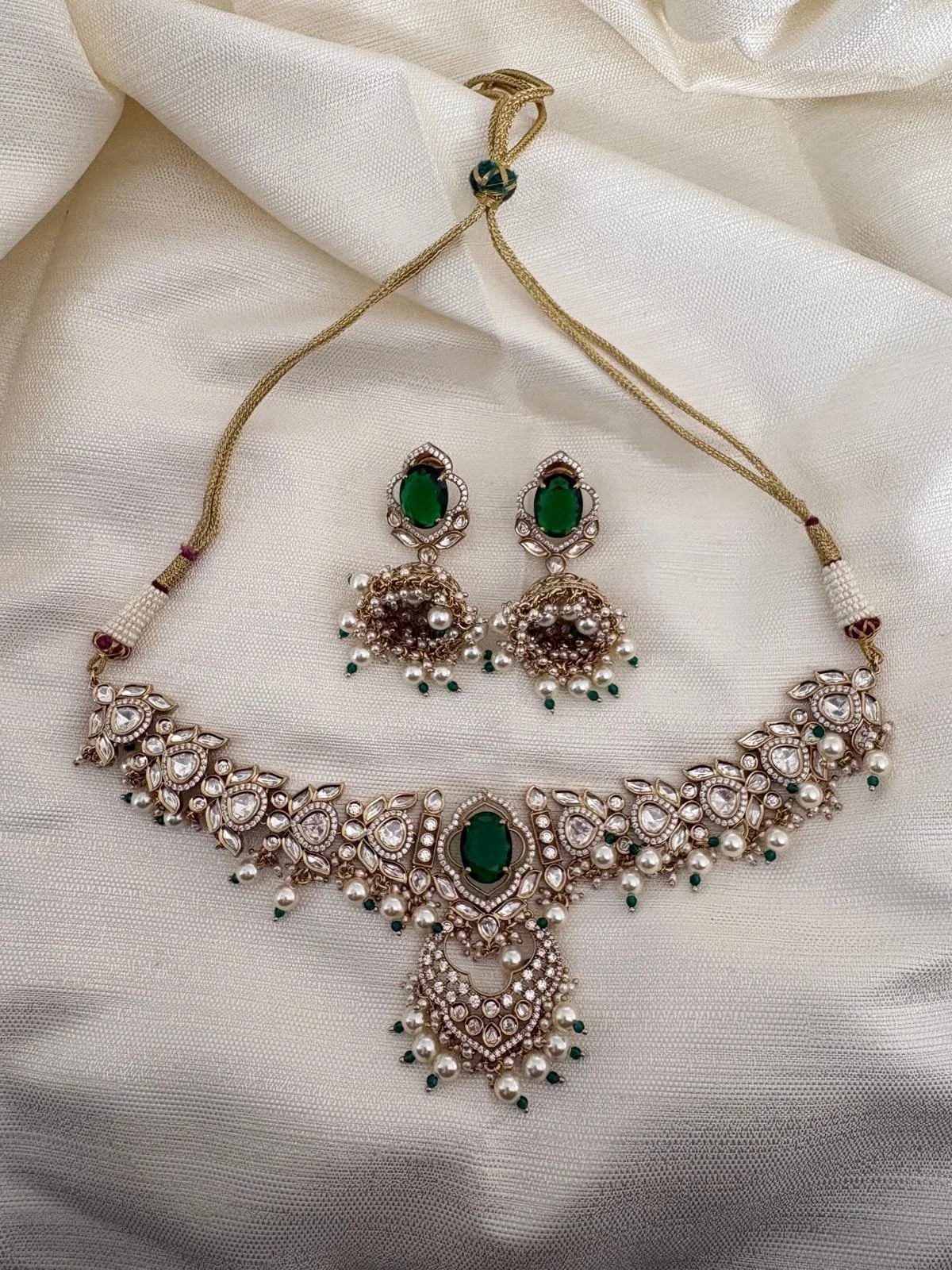 SHEER - Green Gemstone with Kundan & American Diamond Stones Necklace and Earring Set