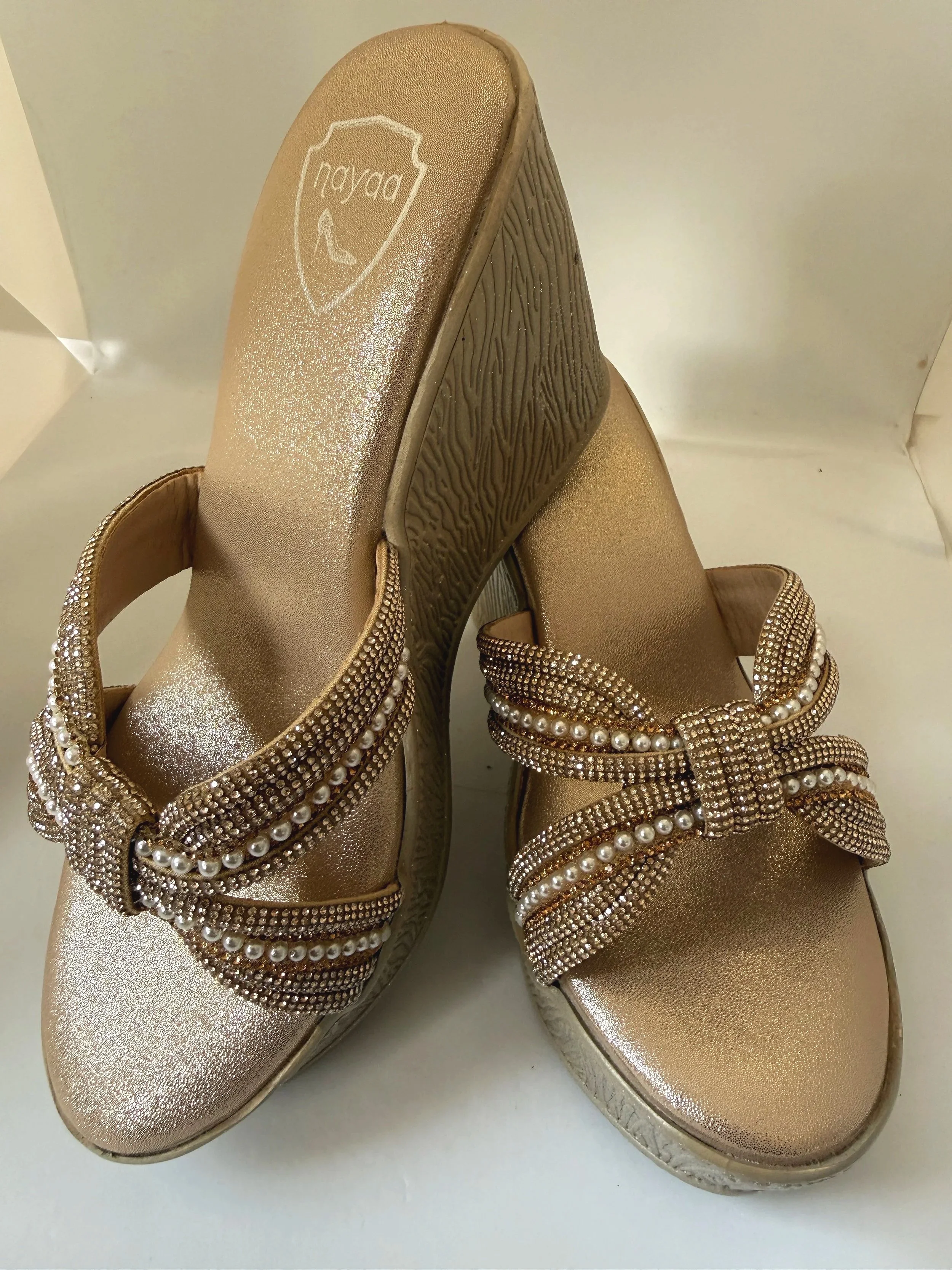 LARA - Stunning Beaded Gold Wedge Sandals