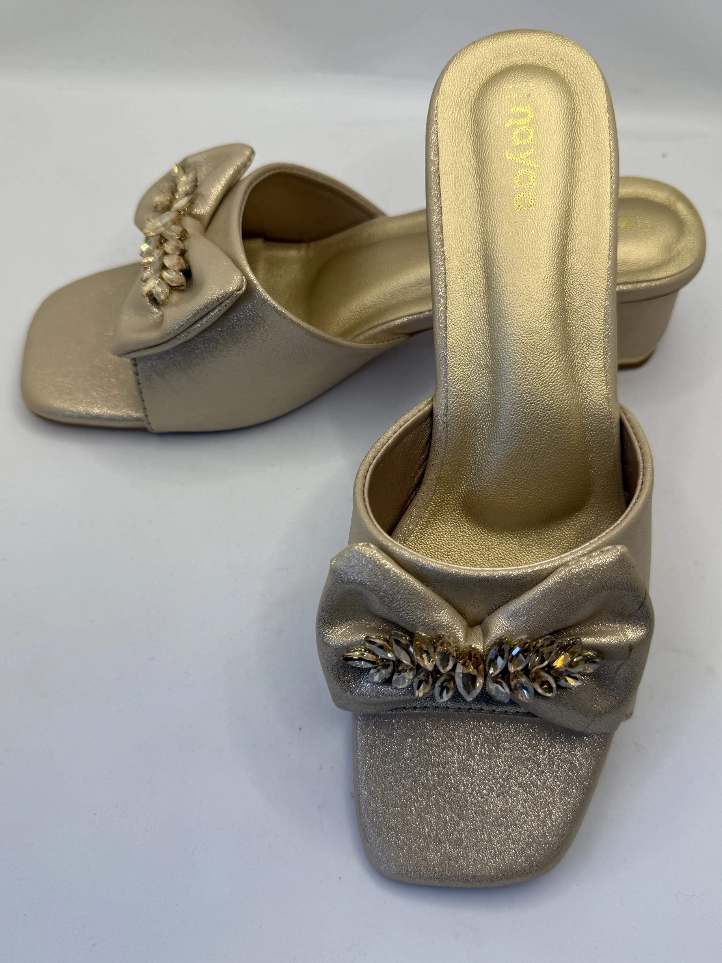 SARA - Gold Satin Jeweled Block Heels