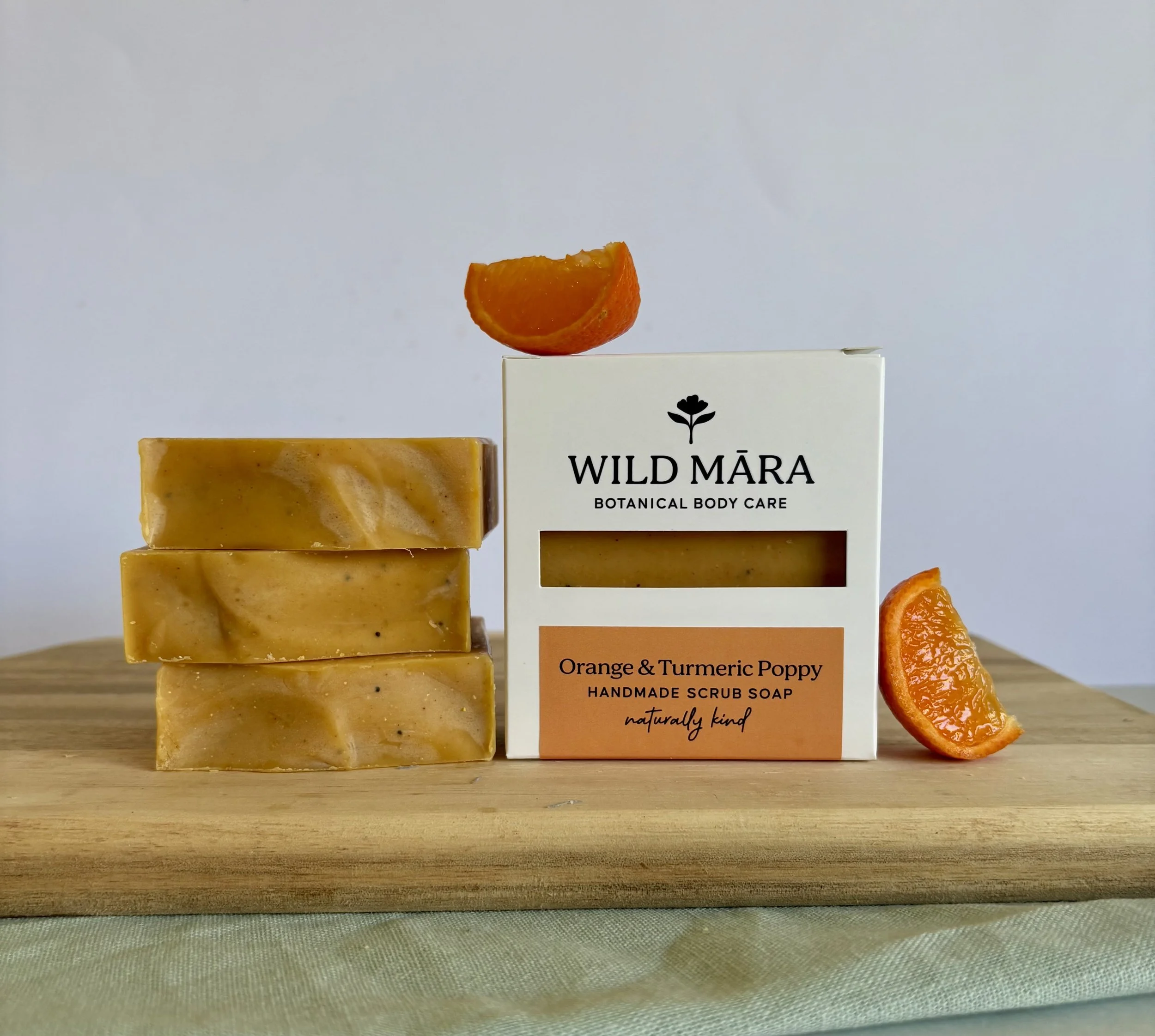 Orange & Turmeric Poppy Scrub Soap, brightening handmade soap, NZ