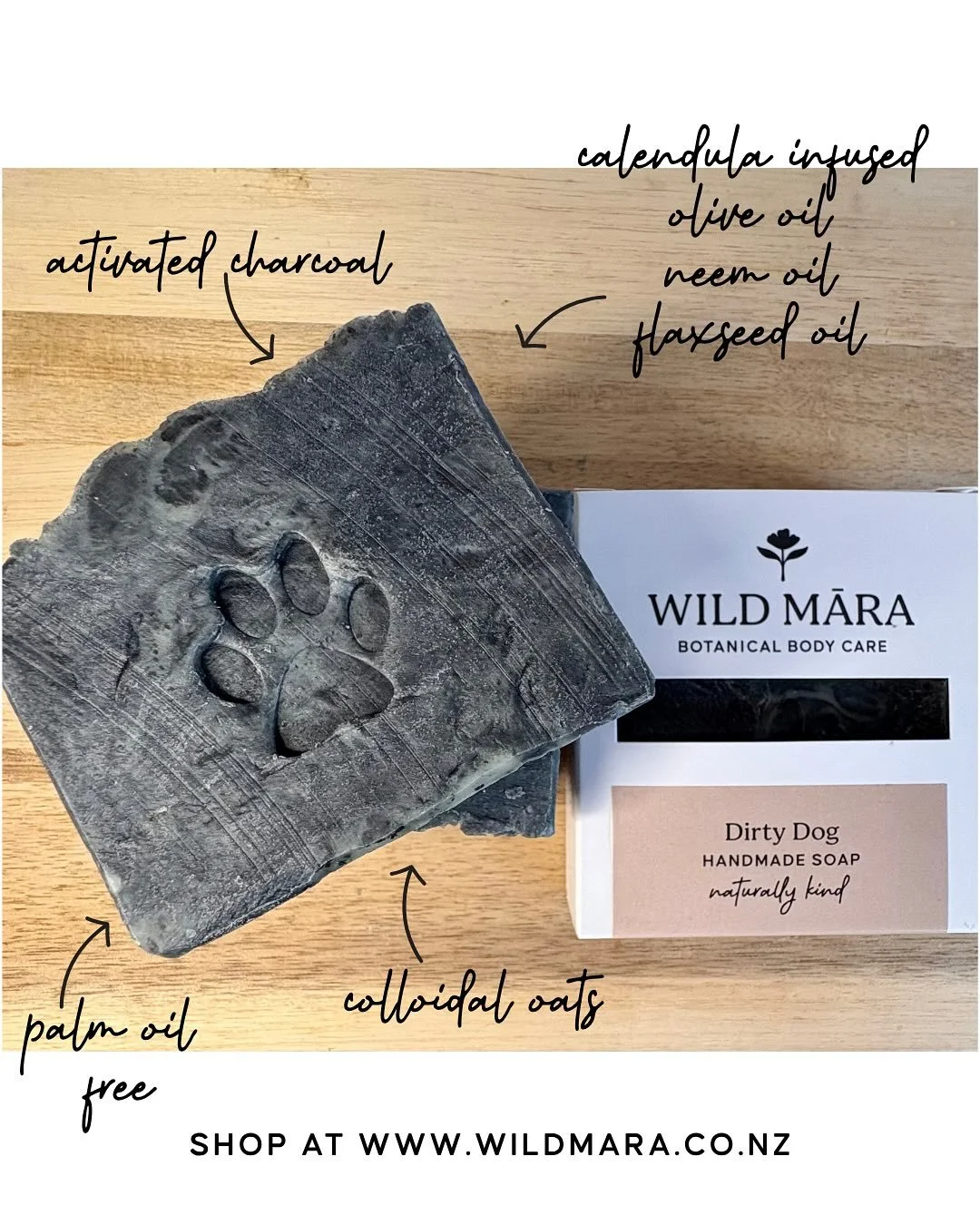 DIRTY DOG SOAP

&bull;no nasties
&bull;naturally kind for your furry friends &amp; for our  planet 
&bull;pharmacist formulated using intentional ingredients:
-colloidal oats for itchy skin 
-neem oil for inflammation &amp; helps to repel fleas &amp;