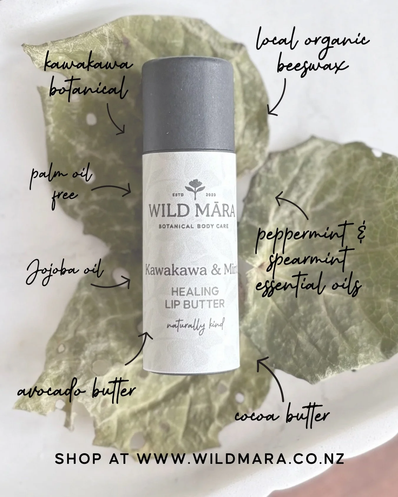 Experience the best of nature with a blend of locally harvested Kawakawa infused in sweet almond oil. Kawakawa's amazing healing properties make it ideal for dry, cracked lips. Avocado Butter, Cocoa Butter, and Kokum Butter deeply nourish and moistur