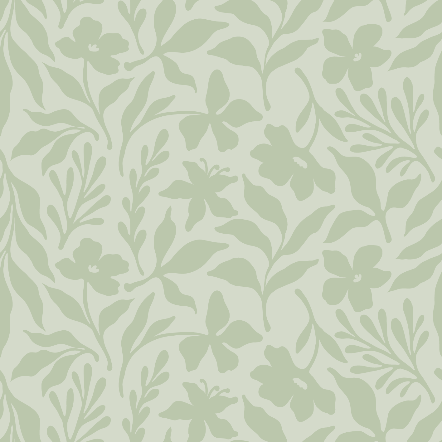 A pattern of green botanical silhouettes on a light green background.