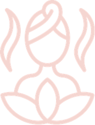 Line drawing of a person meditating with a lotus flower underneath, surrounded by stylized steam or energy lines.