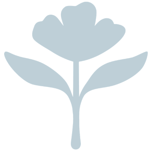 A simple, stylized illustration of a flower with a rounded top and two leaves.