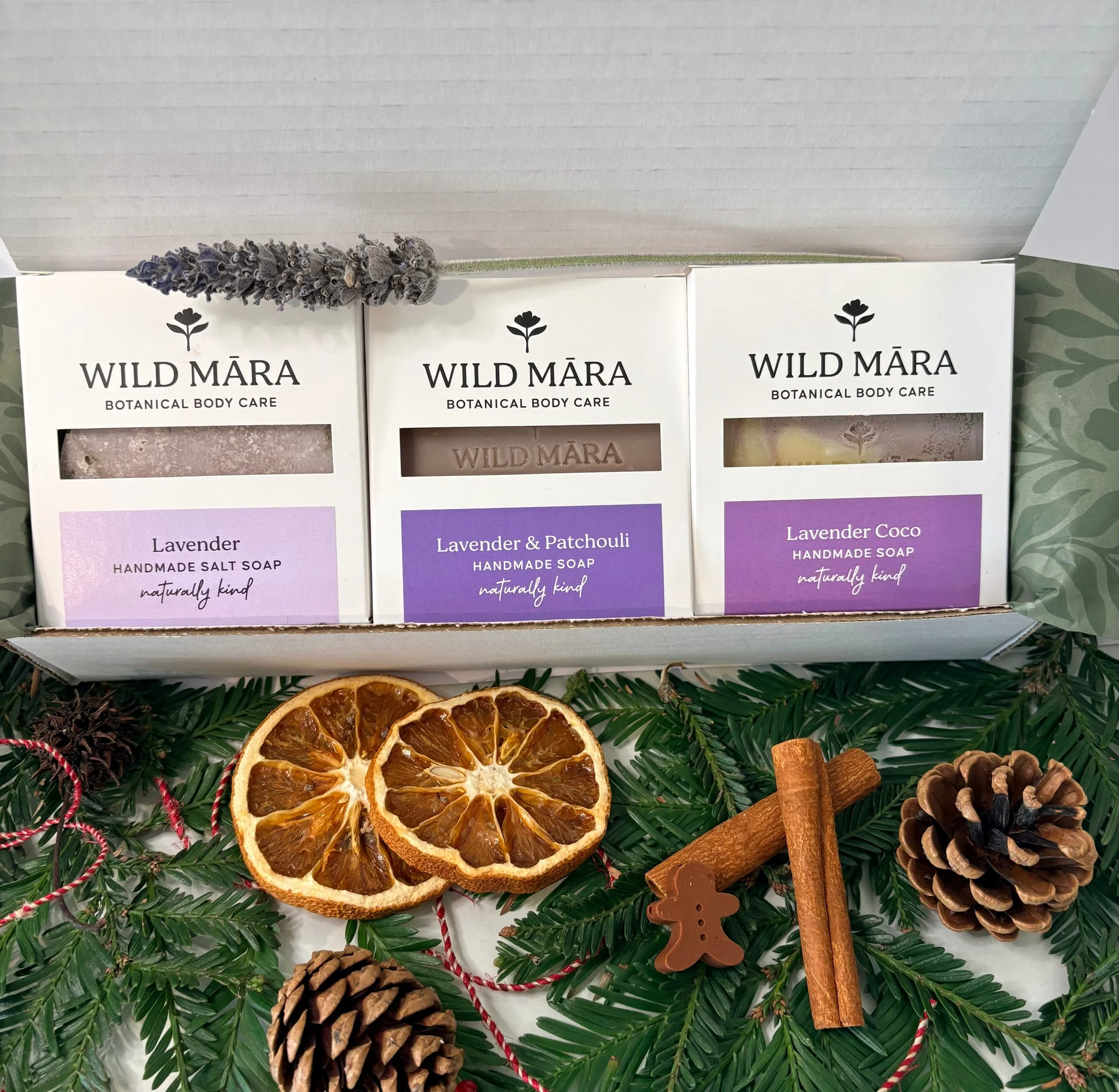 Lavender Gift Set with three Wild Māra lavender soaps presented in a lovely box