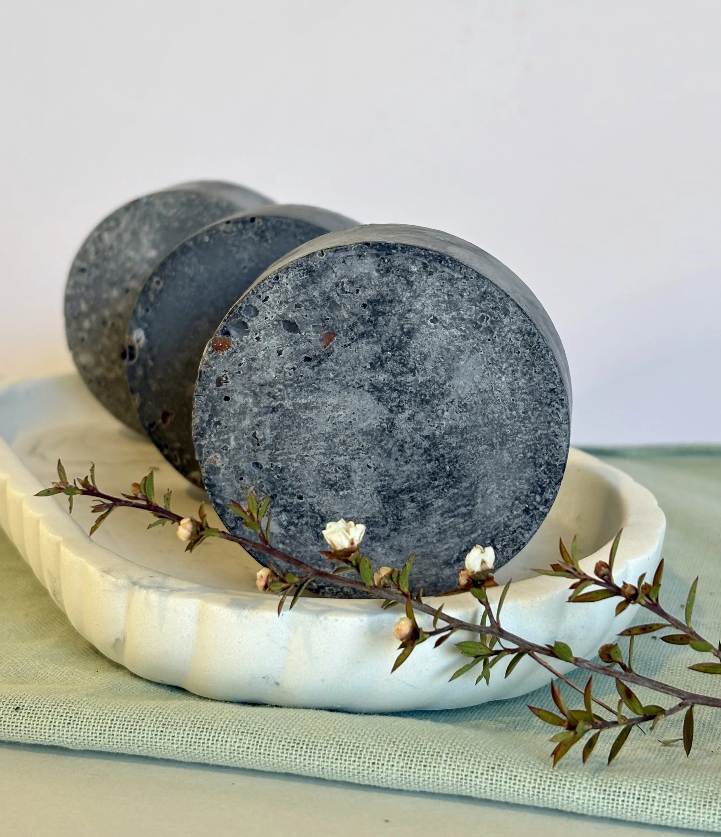 Charcoal & Tea Tree salt soap helps clarify congested skin, handmade, NZ