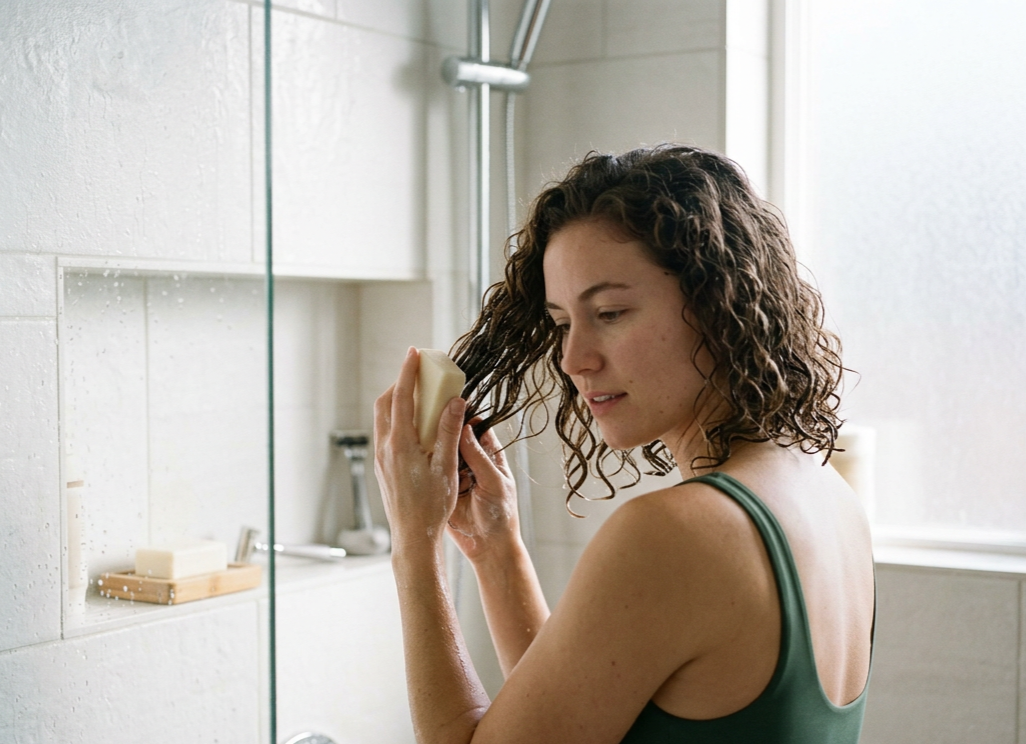 lady using a solid conditioner bar on her hair, NZ