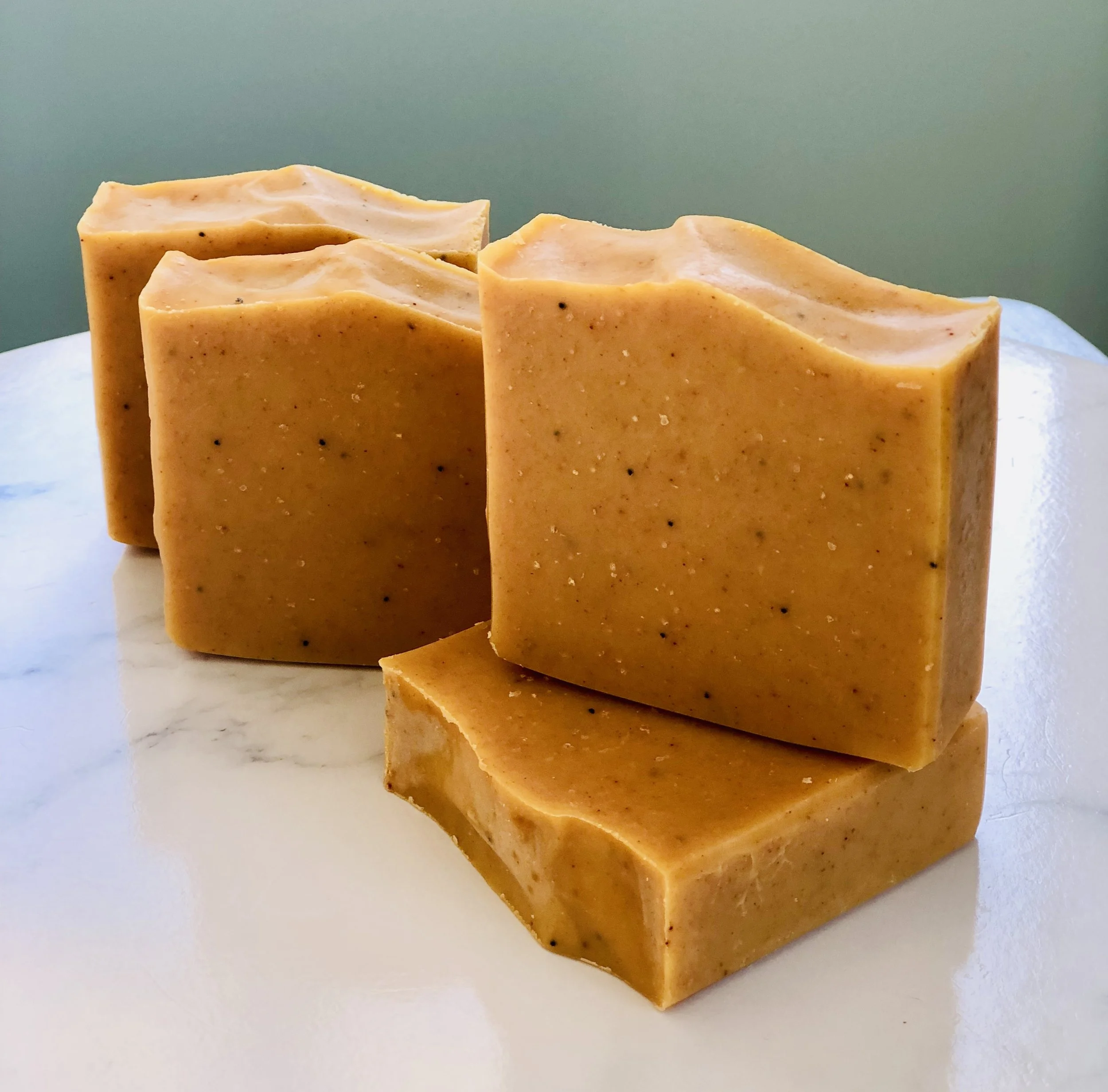 Orange & Turmeric Poppy Scrub Soap, invigorating exfoliating handmade soap, NZ