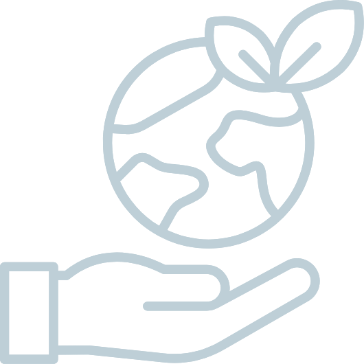 Line drawing of a hand holding the Earth with a leaf on top, symbolizing environmental conservation.