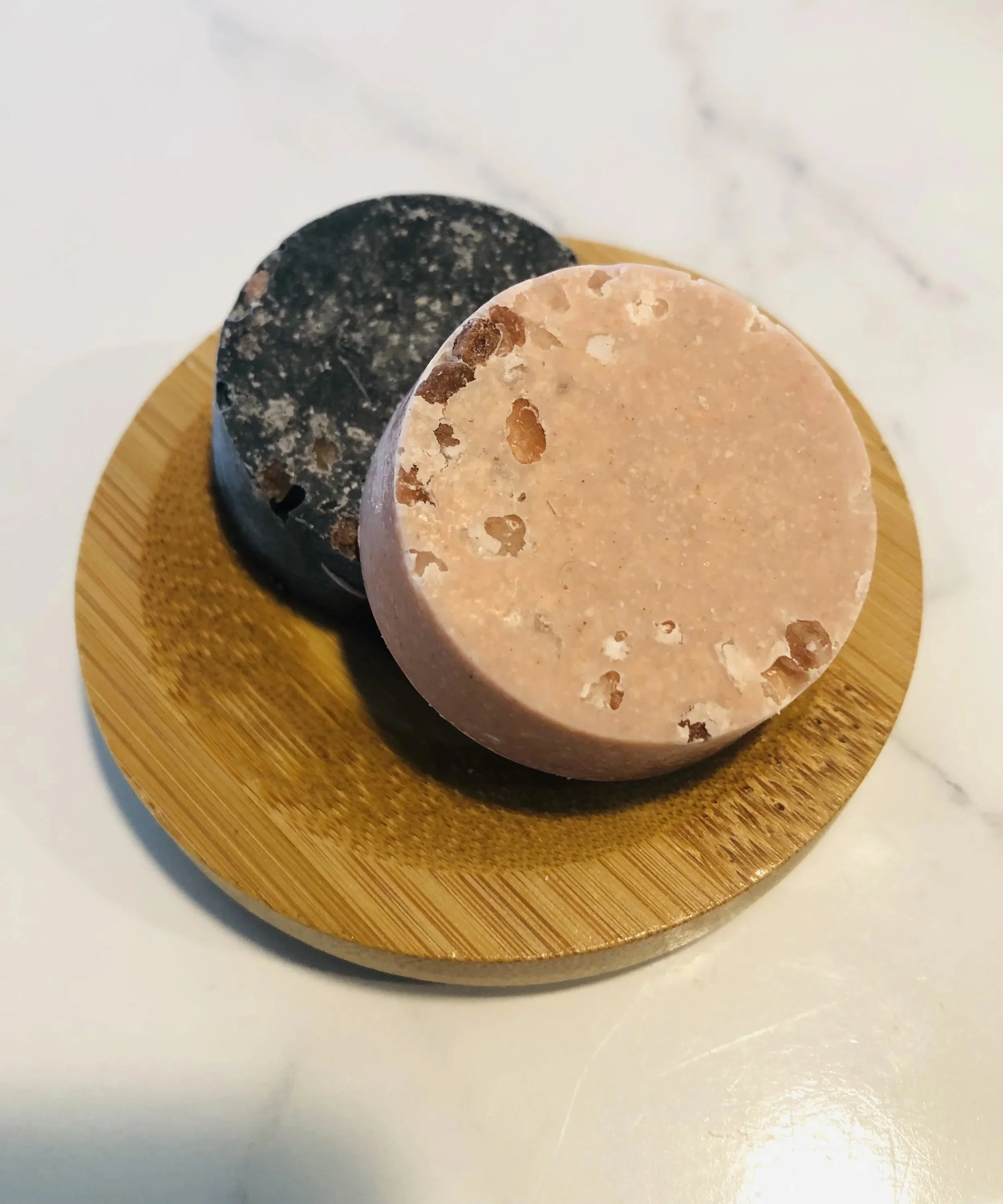 Wooden round bamboo soap dish with 2 mini salt soaps, NZ