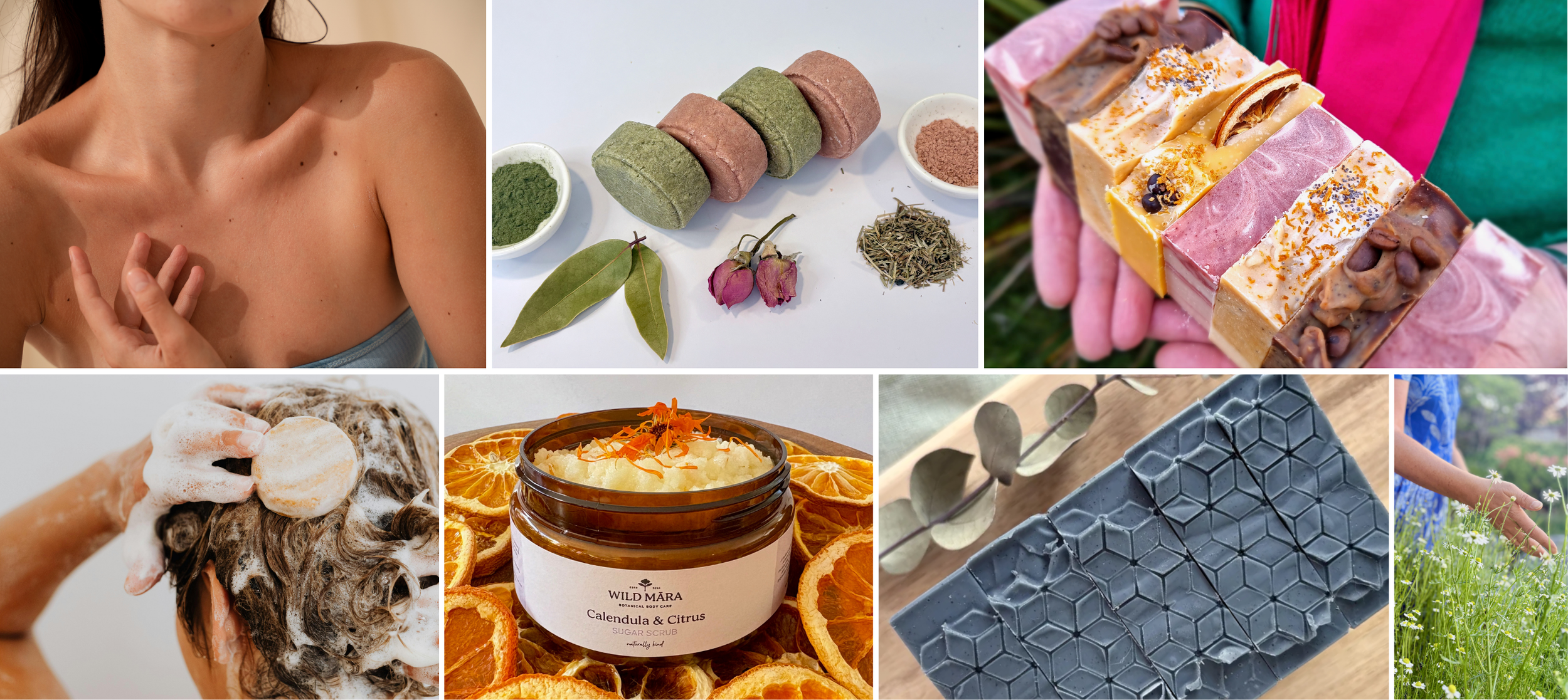 A collage of various scenes: a woman with a bare shoulder, colorful herbal bath bombs, handmade soap bars, spa items including a loofah and soap, a jar of citrus and calendula scrub, a textured black soap, and a person in a blue dress in a field of flowers.