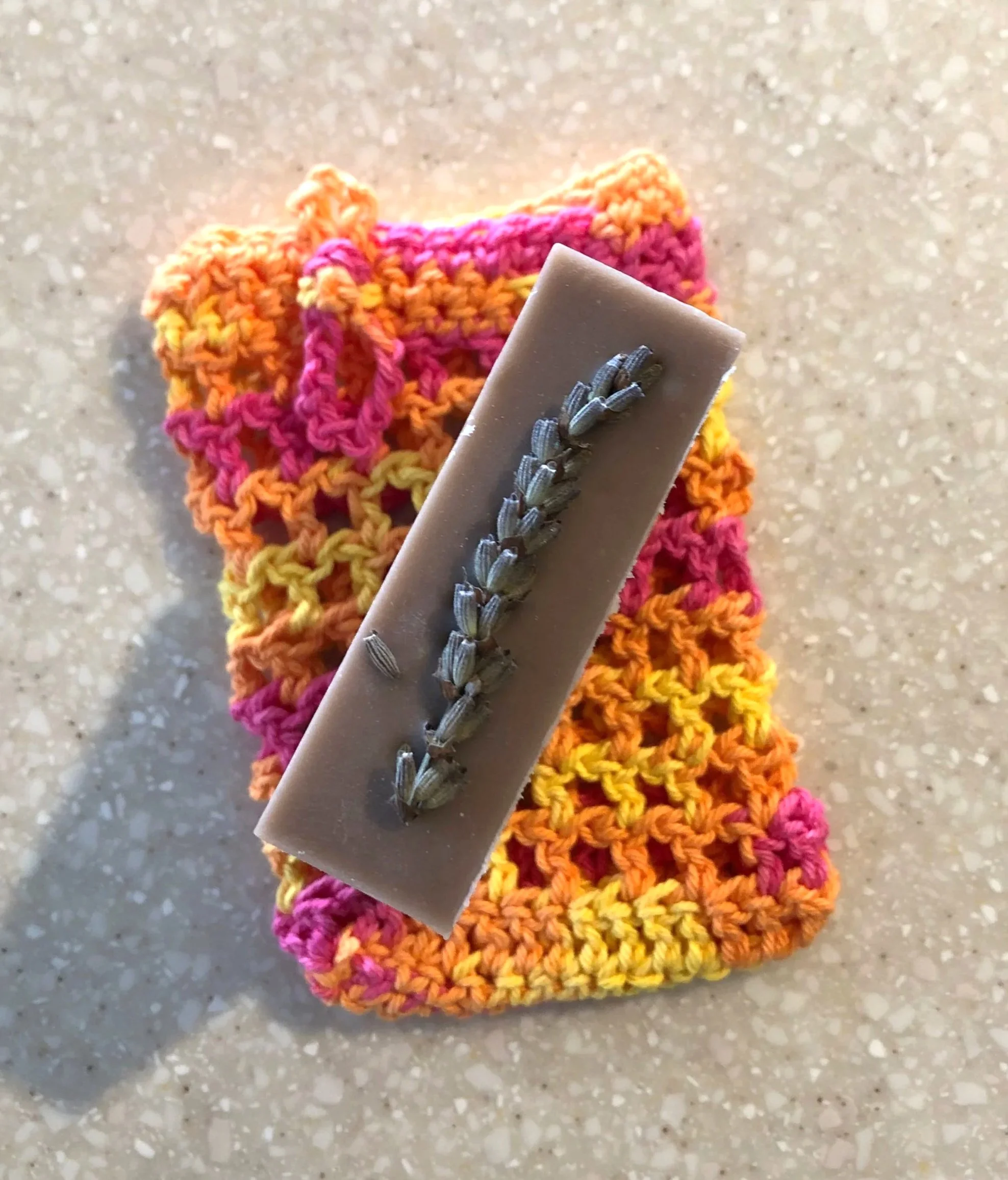 yellow and orange crochet soap saver, handmade, keeps soap dry, NZ