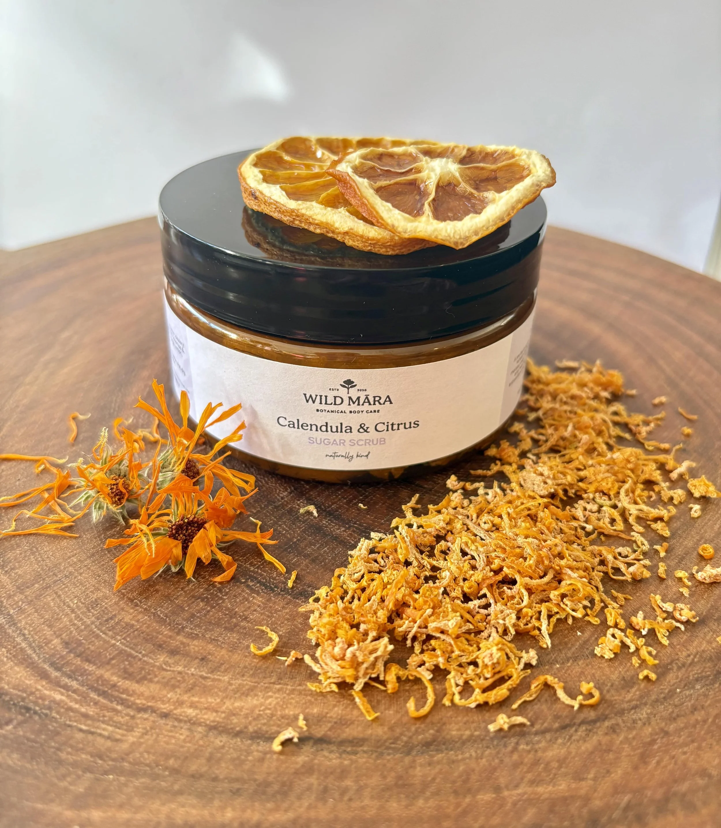 Calendula & Citrus Sugar Scrub with orange slices, citrus peel and calendula, NZ