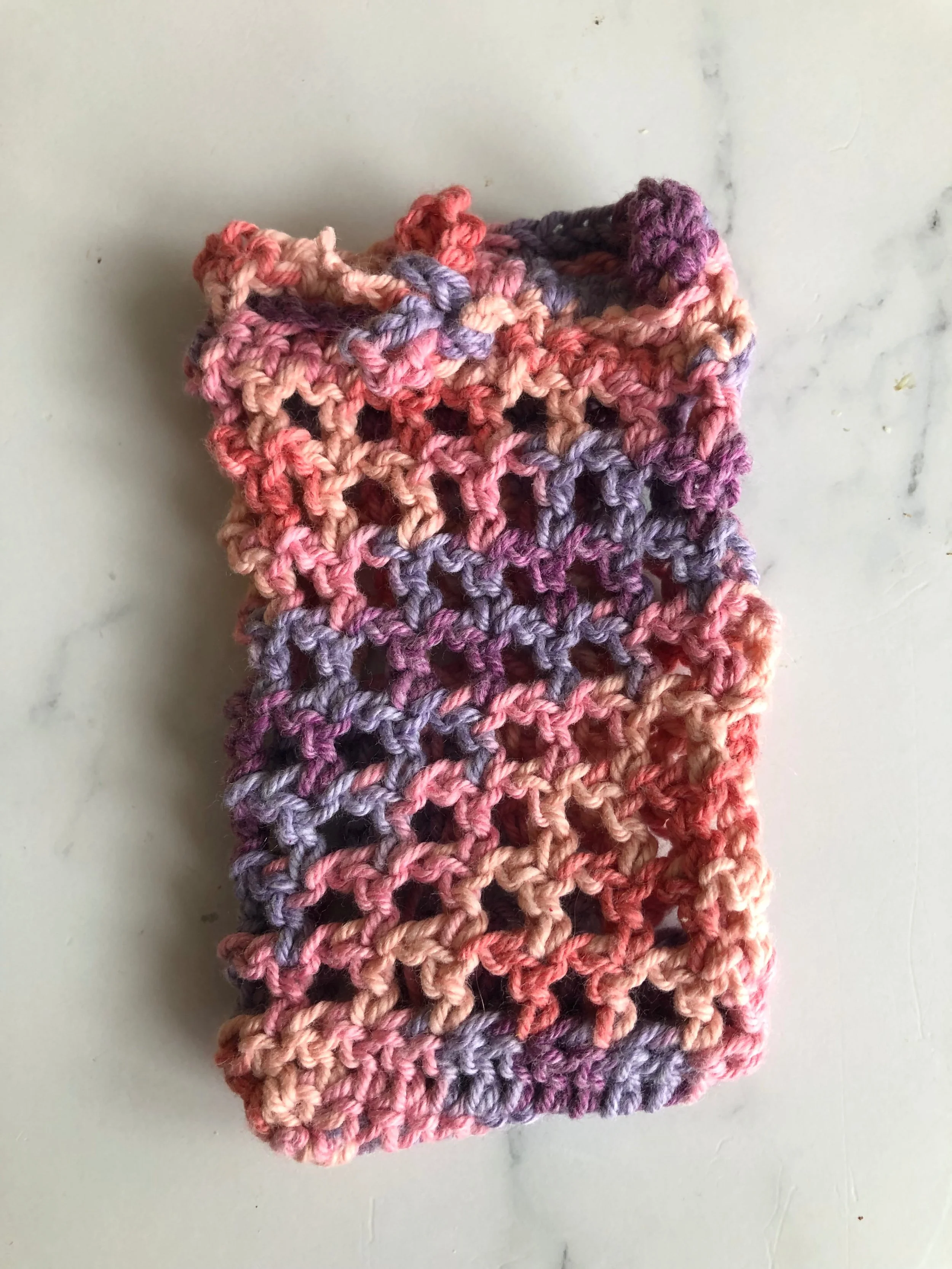 pink and purple crochet soap saver, handmade using cotton wool leftovers, NZ