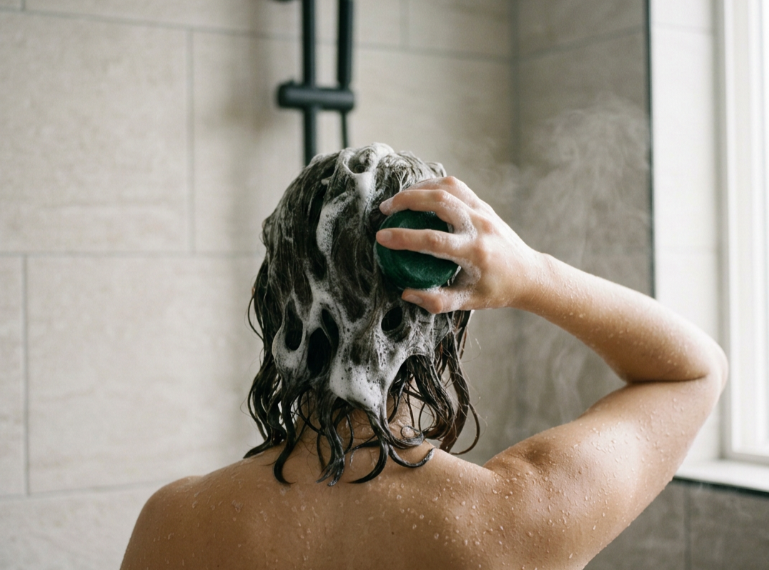 lady using a solid shampoo bar in the shower, NZ