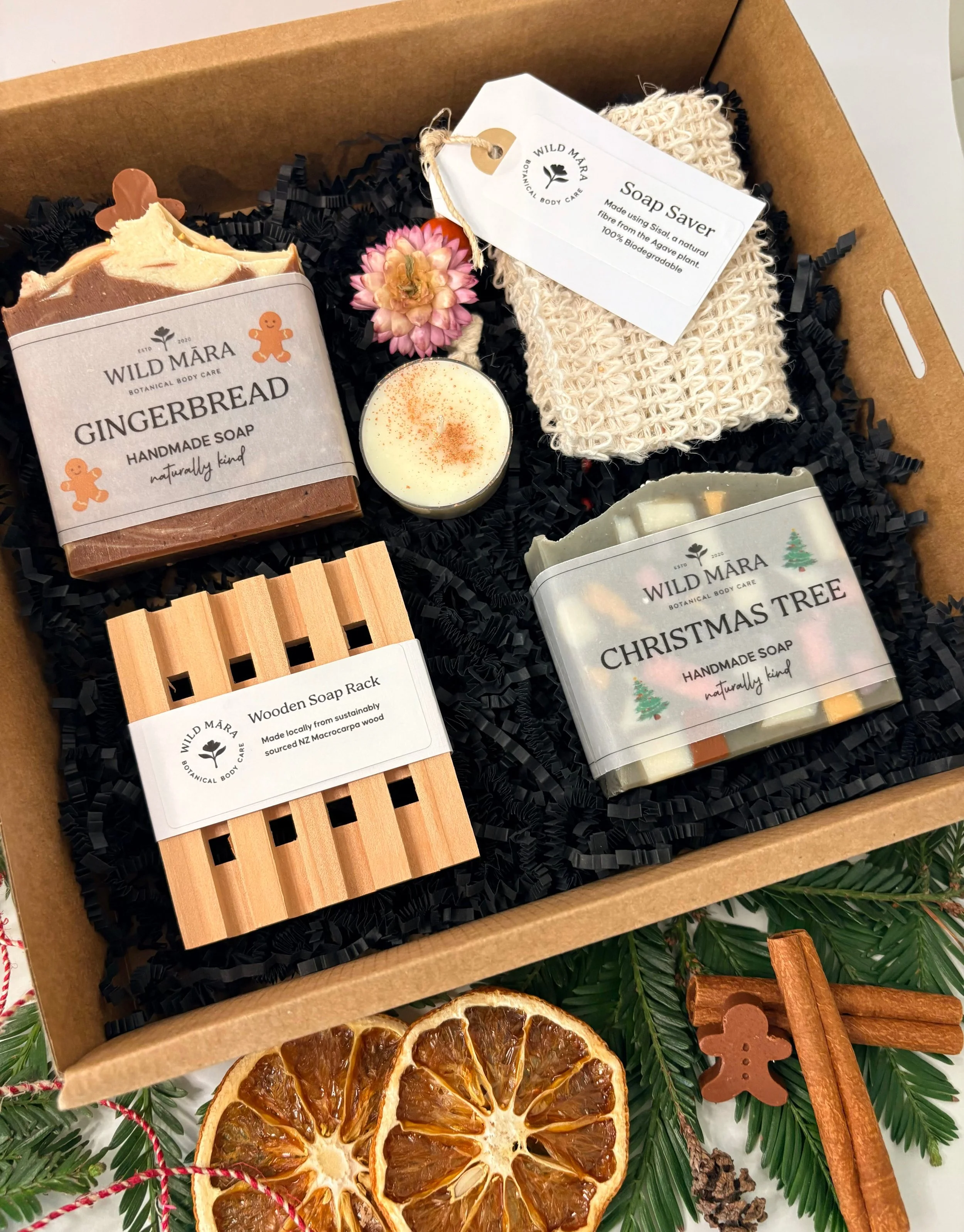Christmas Festive Gift Box, soaps, tea light candle & bath accessories