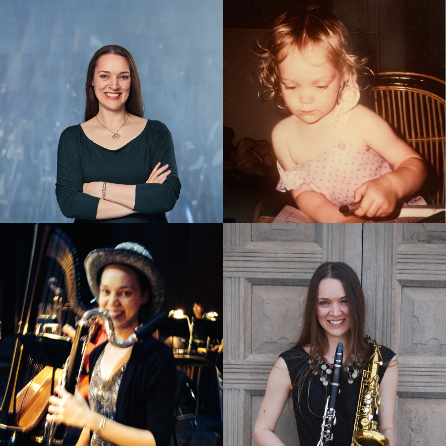 research headshot; baby writing; on stage with bass clarinet; headshot with clarinet and saxophone