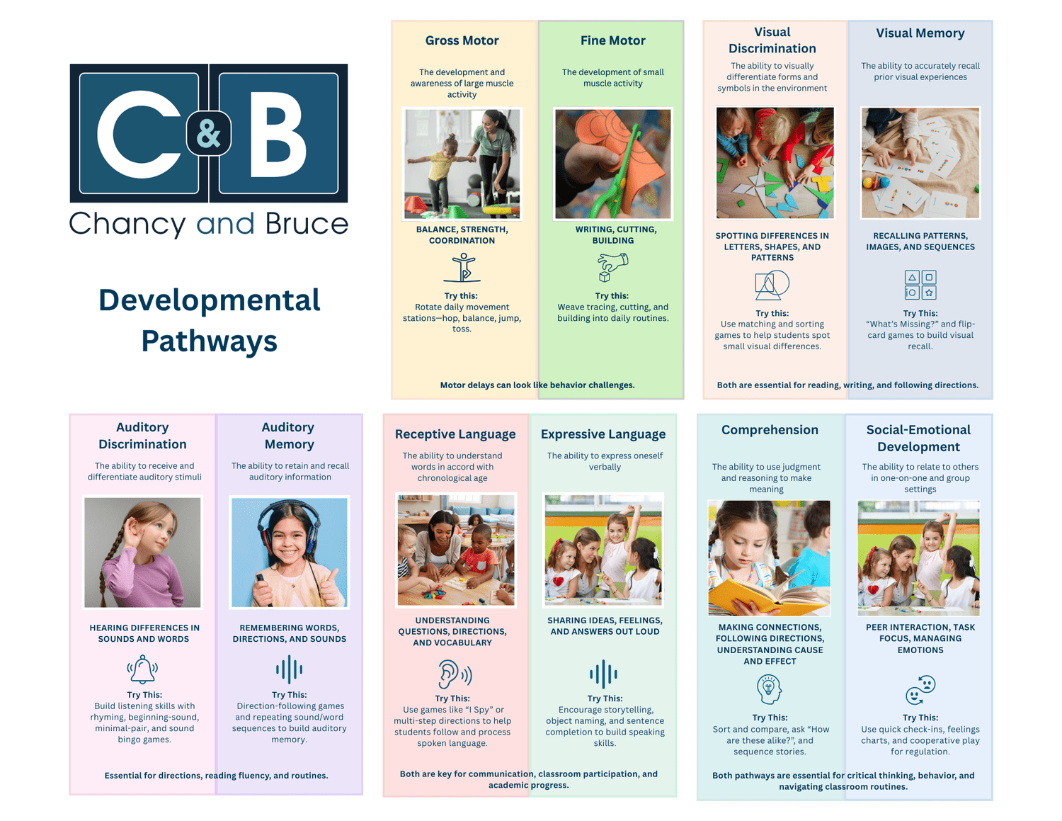10 Developmental Pathways infographic showing motor skills, visual skills, auditory skills, language development, comprehension, and social-emotional development