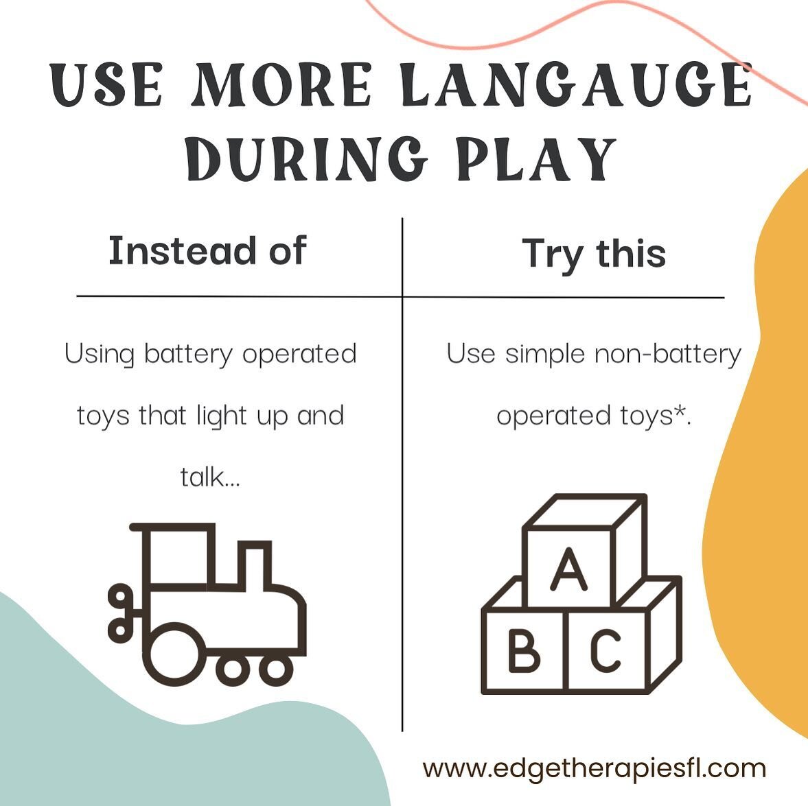*LESS is MORE when is comes to building language when playing with your child.

Research shows that parents tend to use more words when they are using toys that are non-battery operated versus when using more complex, light up toys that talk for you.