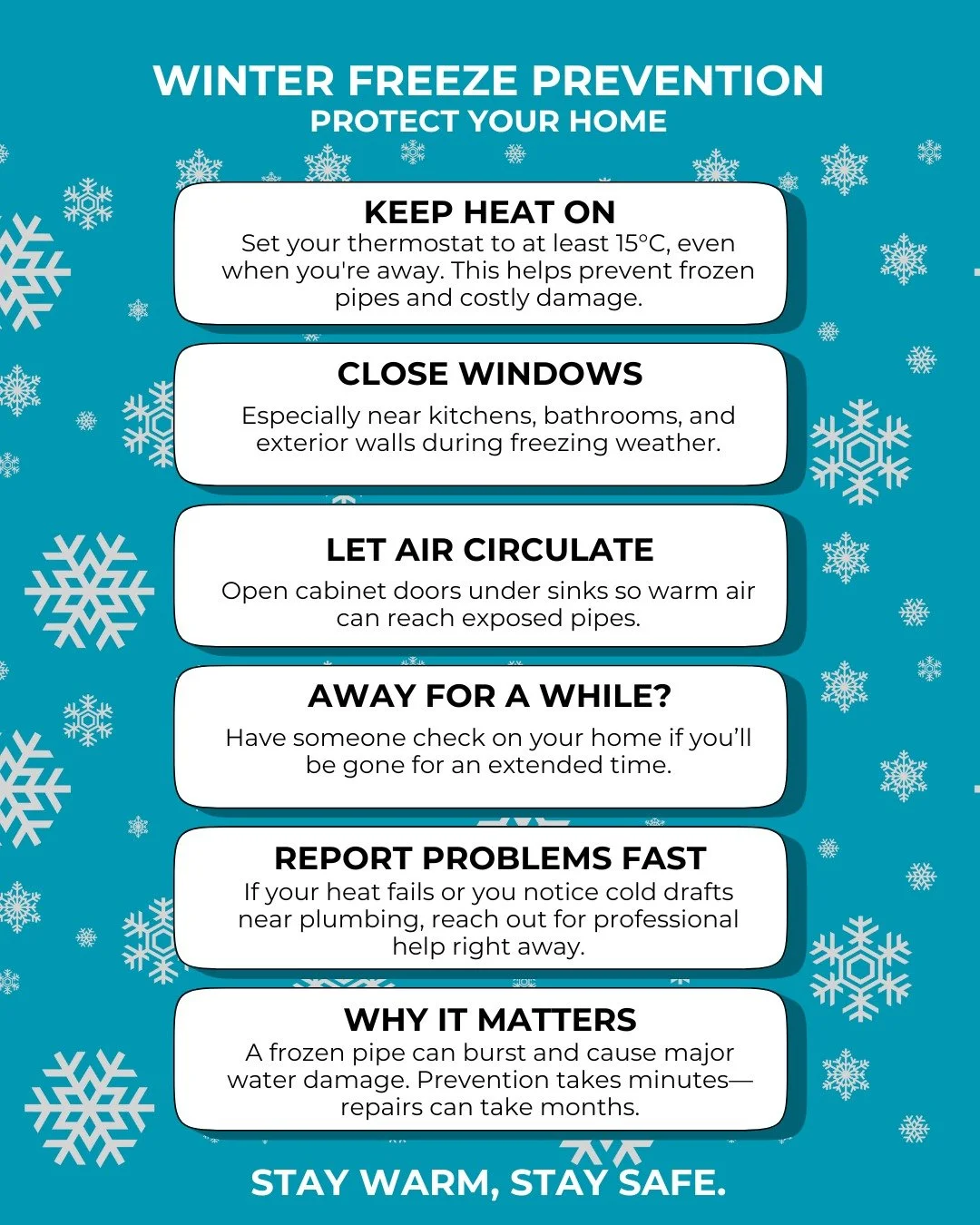 Every winter, we see how quickly frozen pipes turn into major damage. A little prevention now goes a long way later.

Stay warm, stay safe.
Your property. Our priority.

#winterhomemaintenance 
#freezeprotection 
#homecaretips
