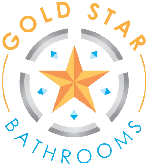 A graphic design with a large orange star in the center, surrounded by a metallic circular arrow and smaller blue diamonds. The words "Gold Star Atmospheres" are arranged around the circle in orange, yellow, green, and blue text.