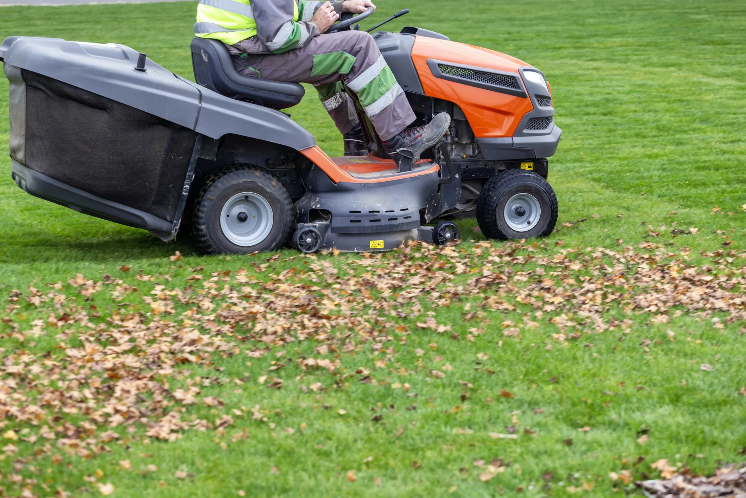 Commercial lawnmower cuts grass and mulches dead leaves