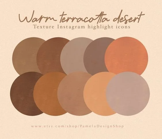 Warm terracotta desert color palette featuring nine texture circles, ideal for Instagram highlight icons. Includes shades of brown, beige, and terracotta with a text header and shop link.