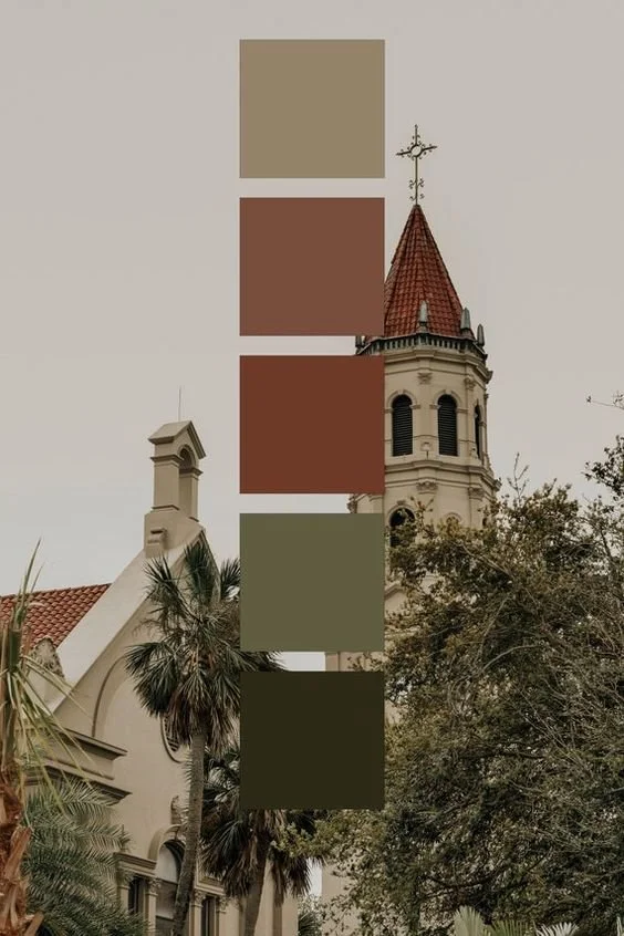 Historic building with red tile roof, tower with cross, surrounded by palm trees and greenery, with a vertical color palette on the left showcasing earth tones.