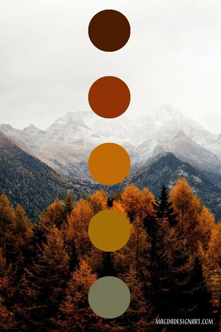 Autumnal mountain landscape with snow-capped peaks in the background. Foreground features a forest of orange and green trees. Five vertical color palette circles overlay the image, displaying shades of brown, orange, and green.