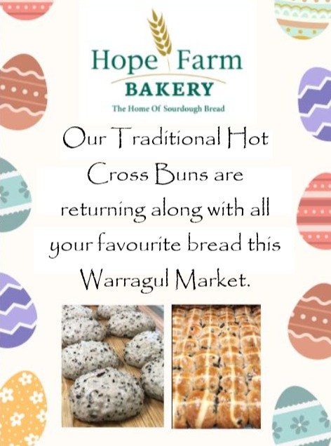 @hopefarmbakery is making their return to our market this week with their Traditional Hot cross buns and we cannot wait!

#market #warragulfarmersmarket #easter #hotcrossbuns #bawbaw