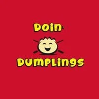 Logo for Doin Dumplings featuring a smiling dumpling character with arms, on a red background.