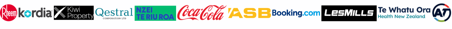 Trusted by Rheem, Kordia, Kiwi Property, Qestral, NZEI, Coca-Cola, ASB, Booking.com, Les Mills, Te Whatu Ora, Auckland Transport