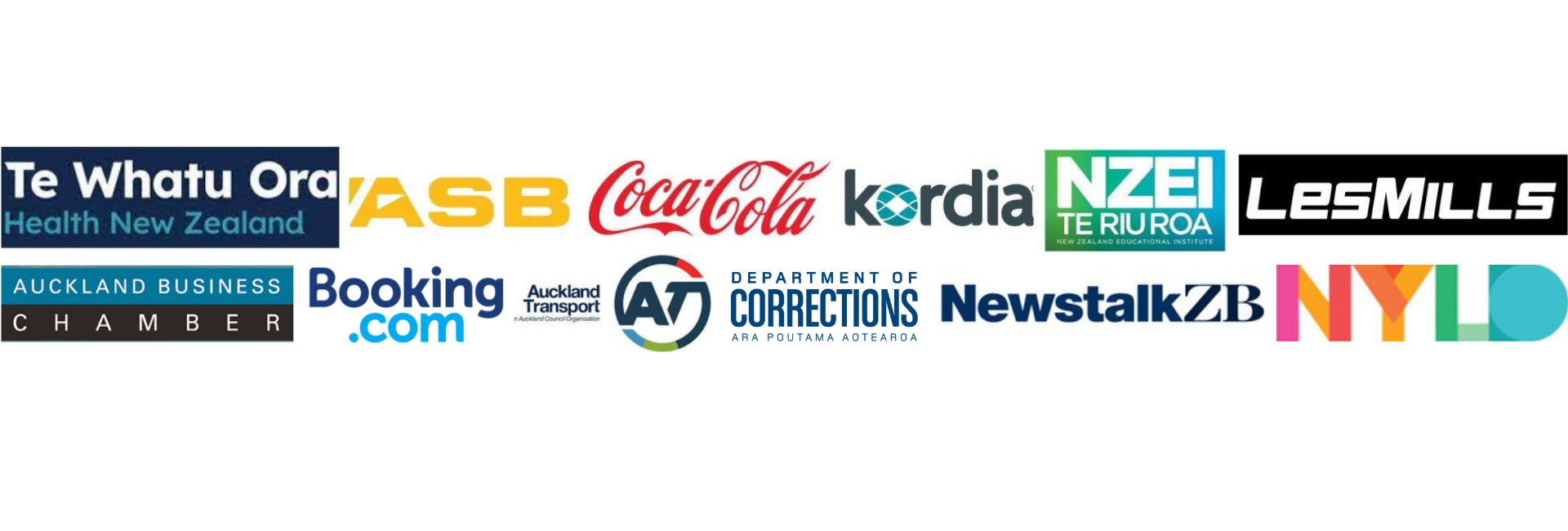 Collage of various logos including Te Whatu Ora, ASB, Coca-Cola, Kordia, NZEI Te Riu Roa, Les Mills, Auckland Business Chamber, Booking.com, Auckland Transport, A7 Corrections, Newstalk ZB, and others.