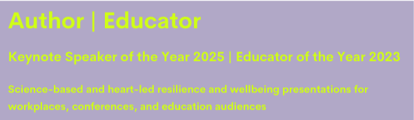 Text highlighting achievements for an educator and keynote speaker, including "Author | Educator," "Keynote Speaker of the Year 2025," and "Educator of the Year 2023," on a dark blue background.