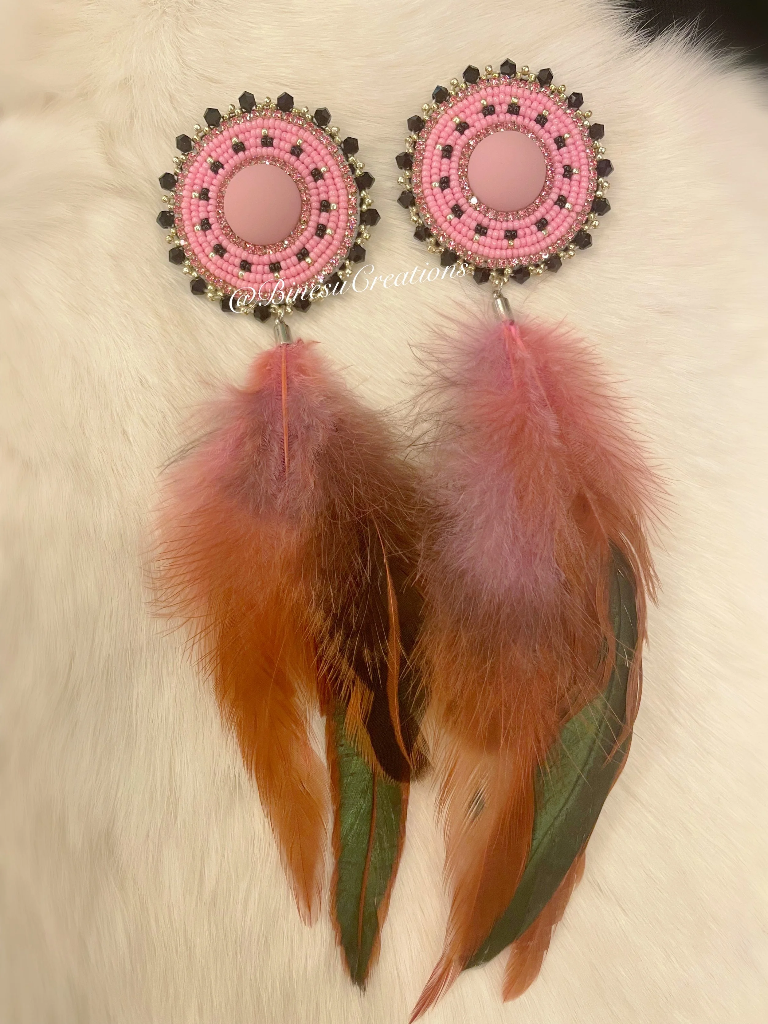 Bohemian Pink Beaded Feather Earrings