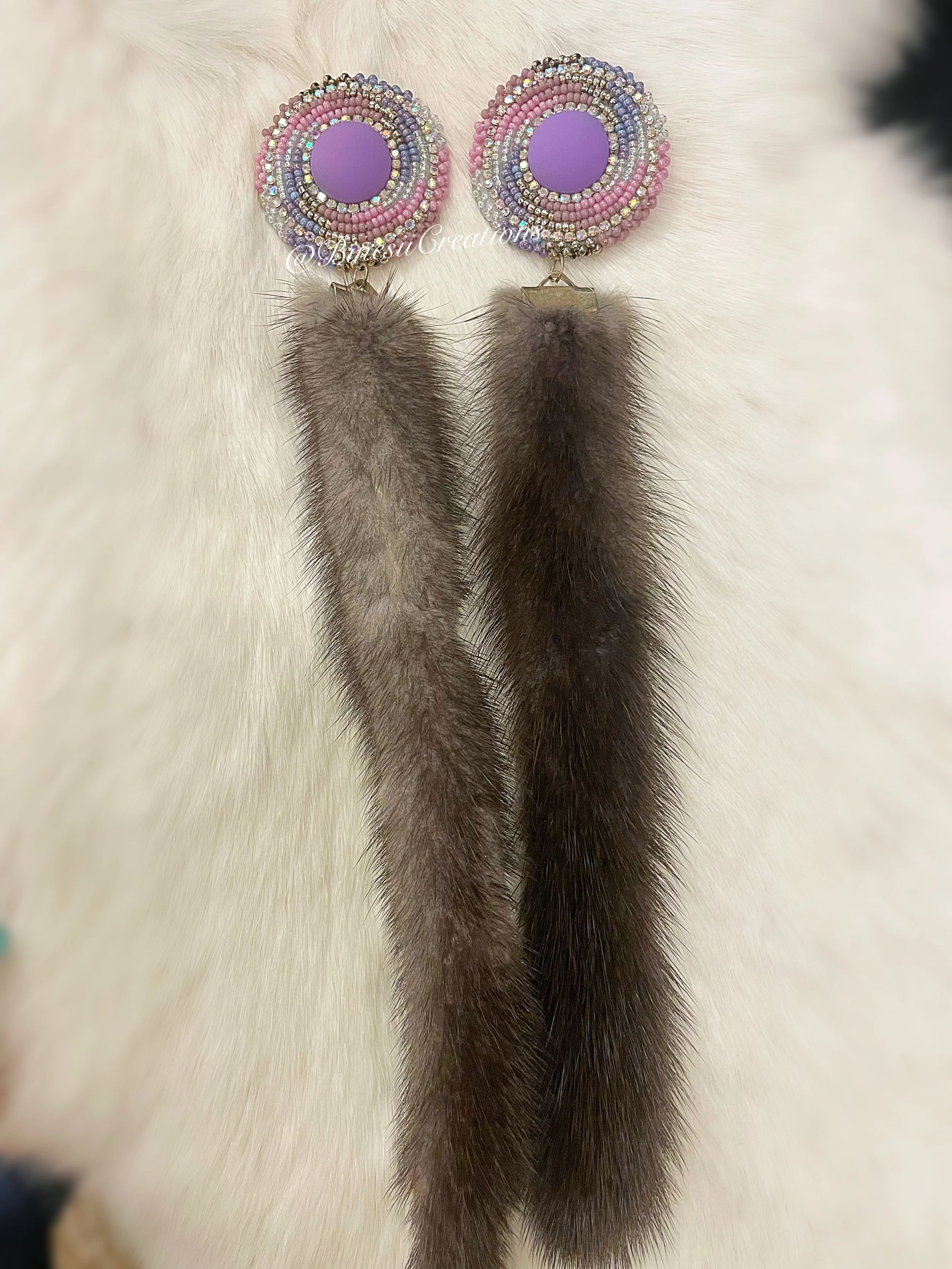 Luxury Purple Beaded Earrings with Mink Tails