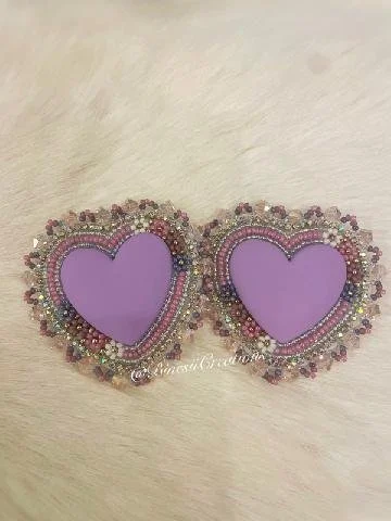 Purple Heart & Beaded Flower Earrings