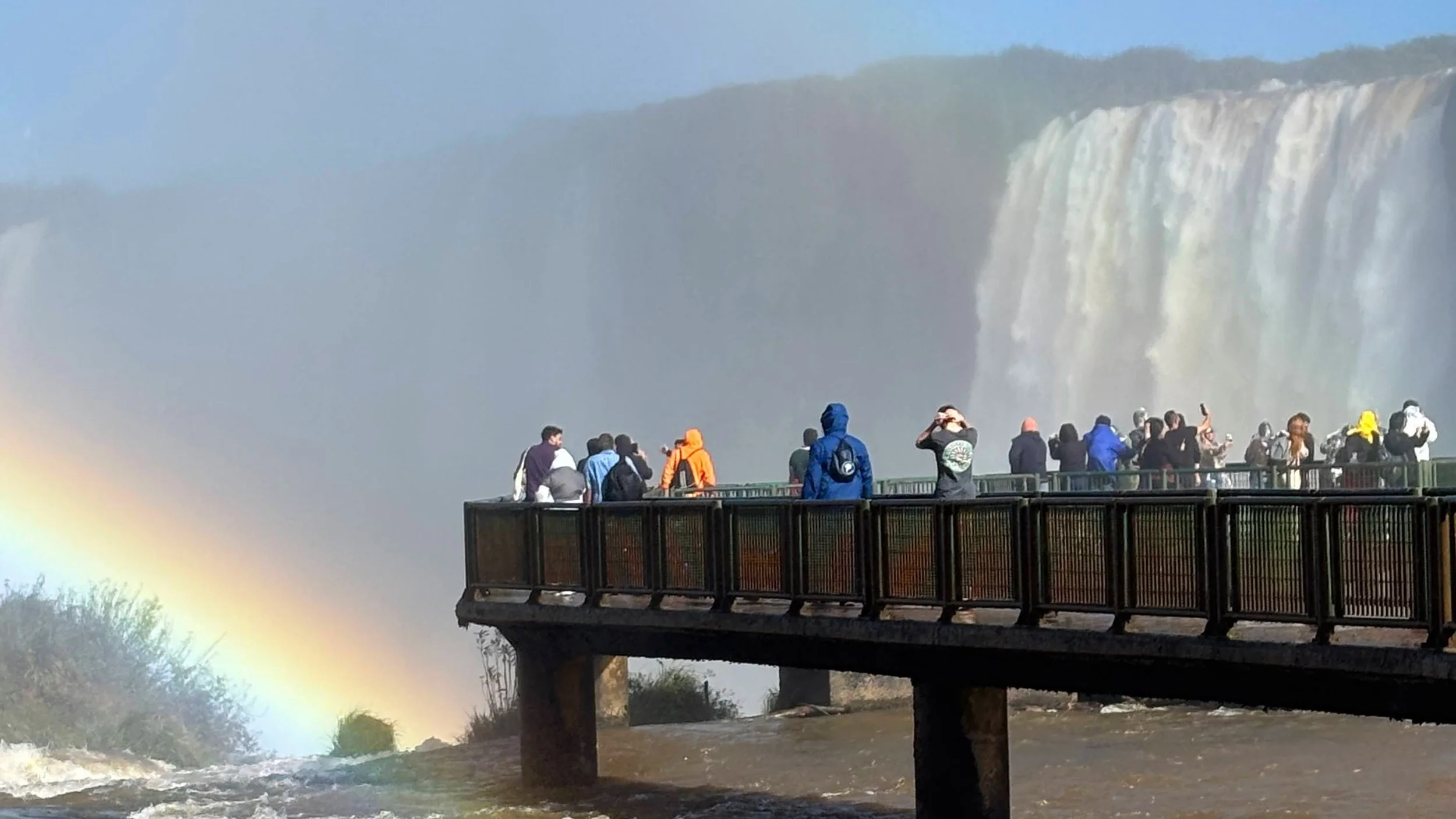 waterfalls, people, rainbow