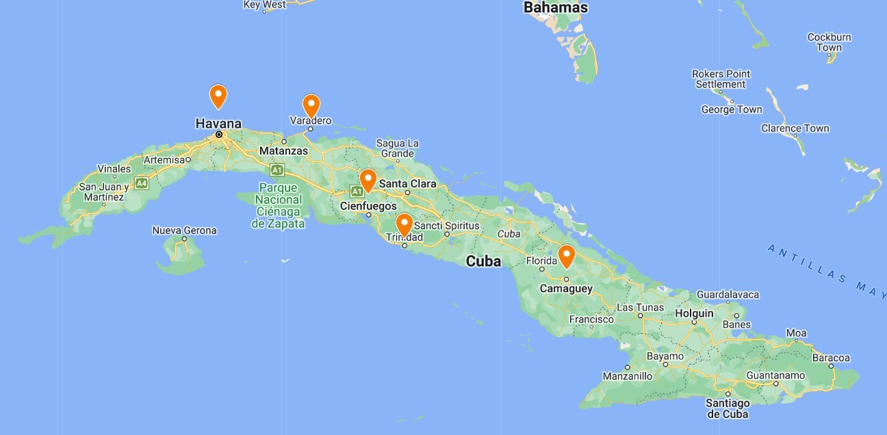 Map of Cuba with markers on Cienfuegos, Camaguey, Havana, Cienfuegos and Varadero