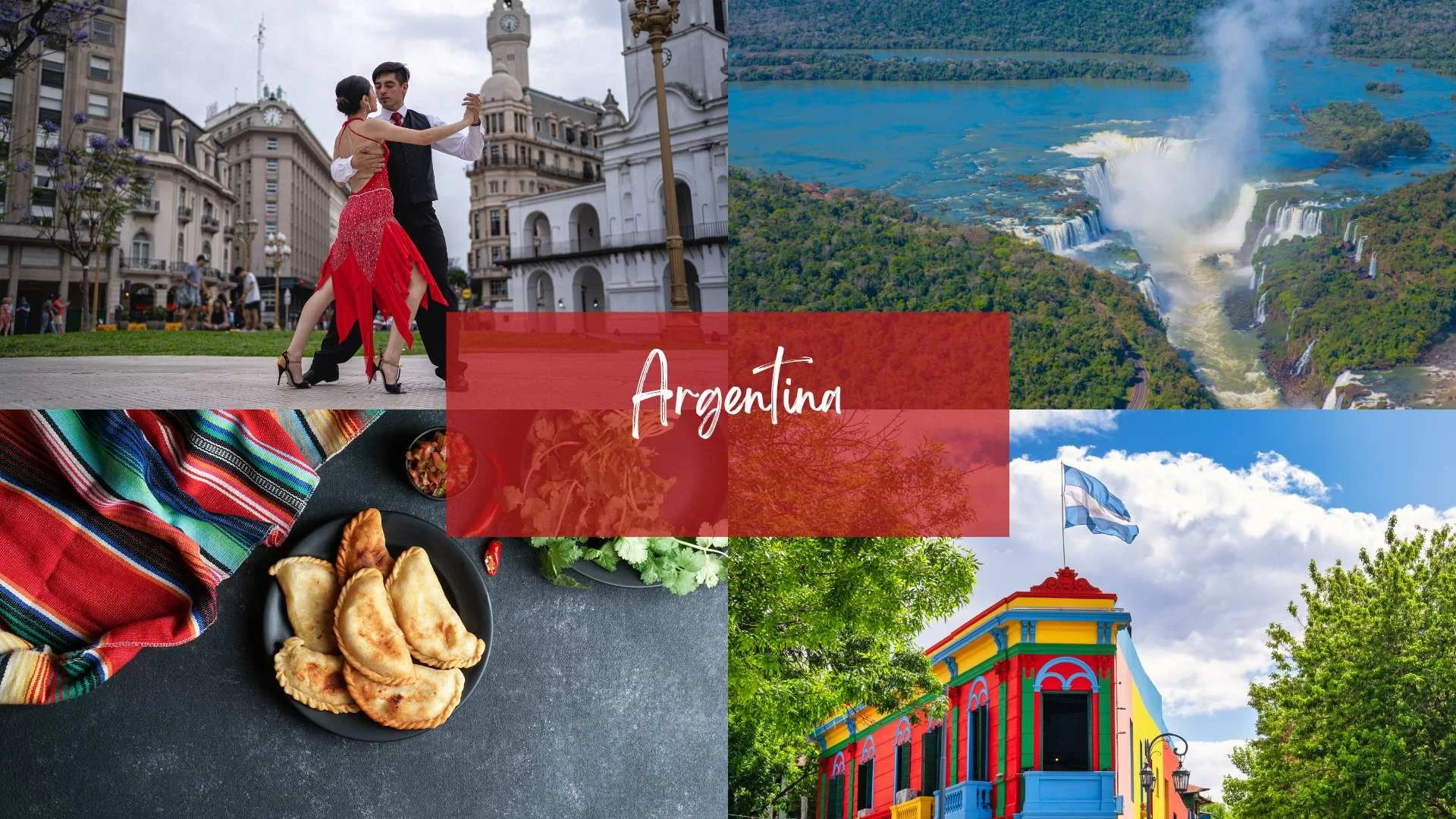 Tango dancers, waterfalls, empanadas, Argentinian flag
