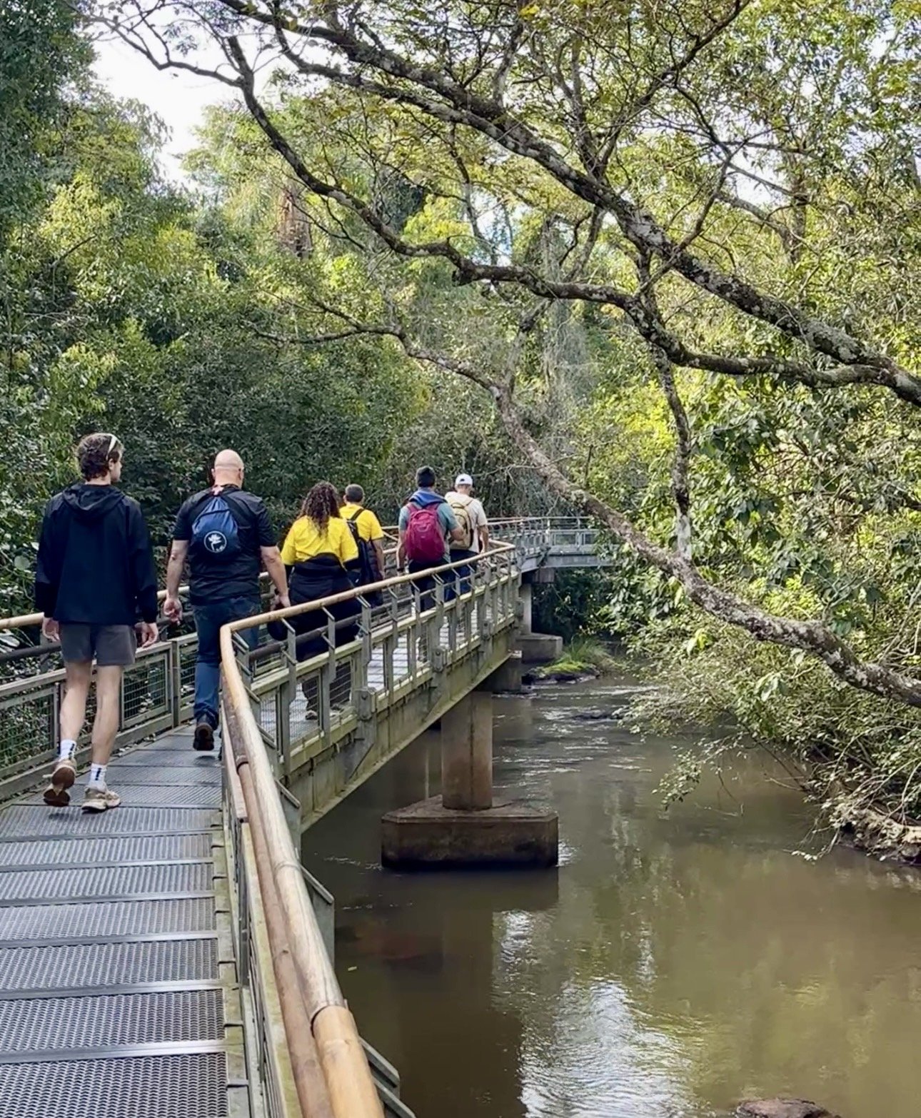 People walking on an elevated path above water