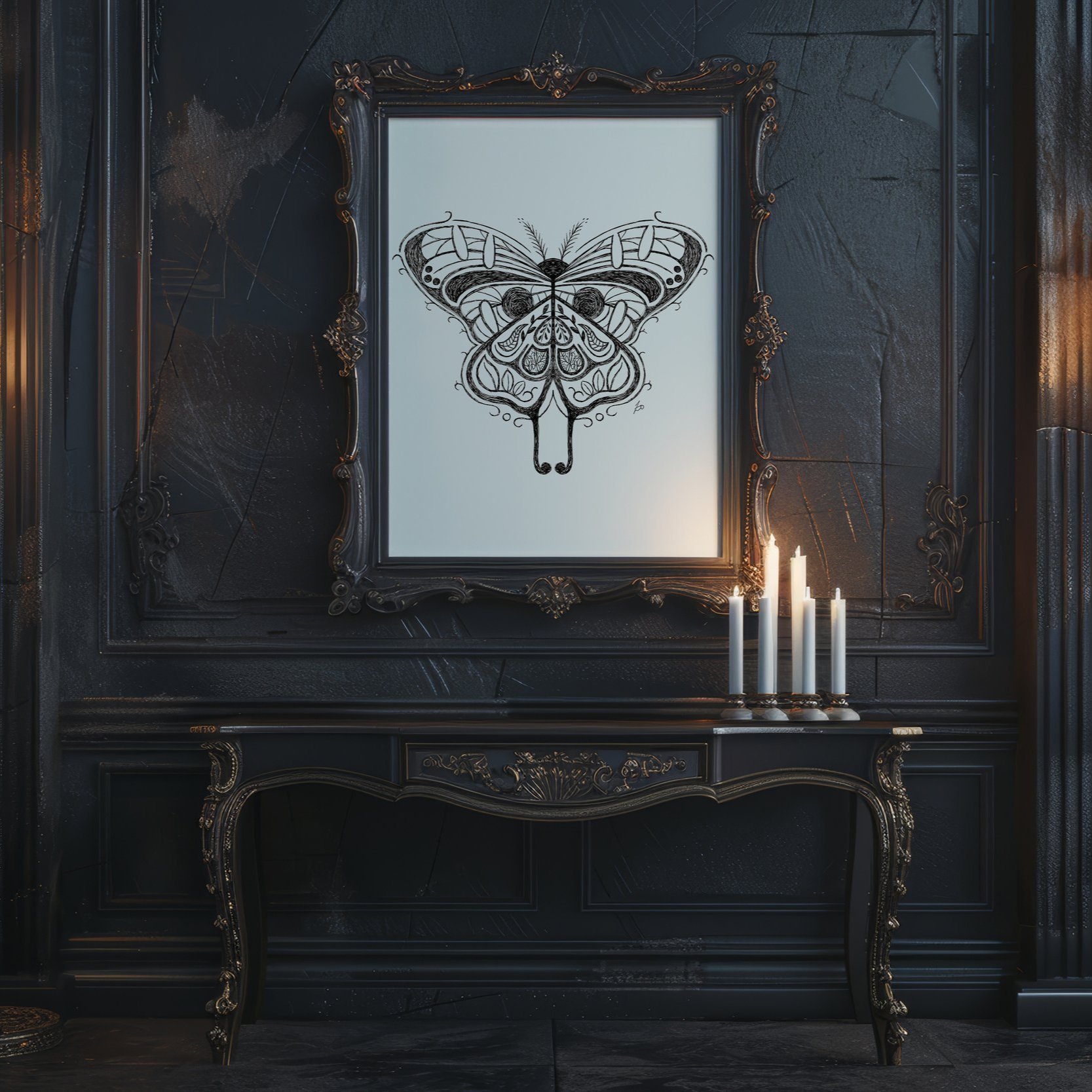 mockup of print in black frame on black wall surrounded with candles.