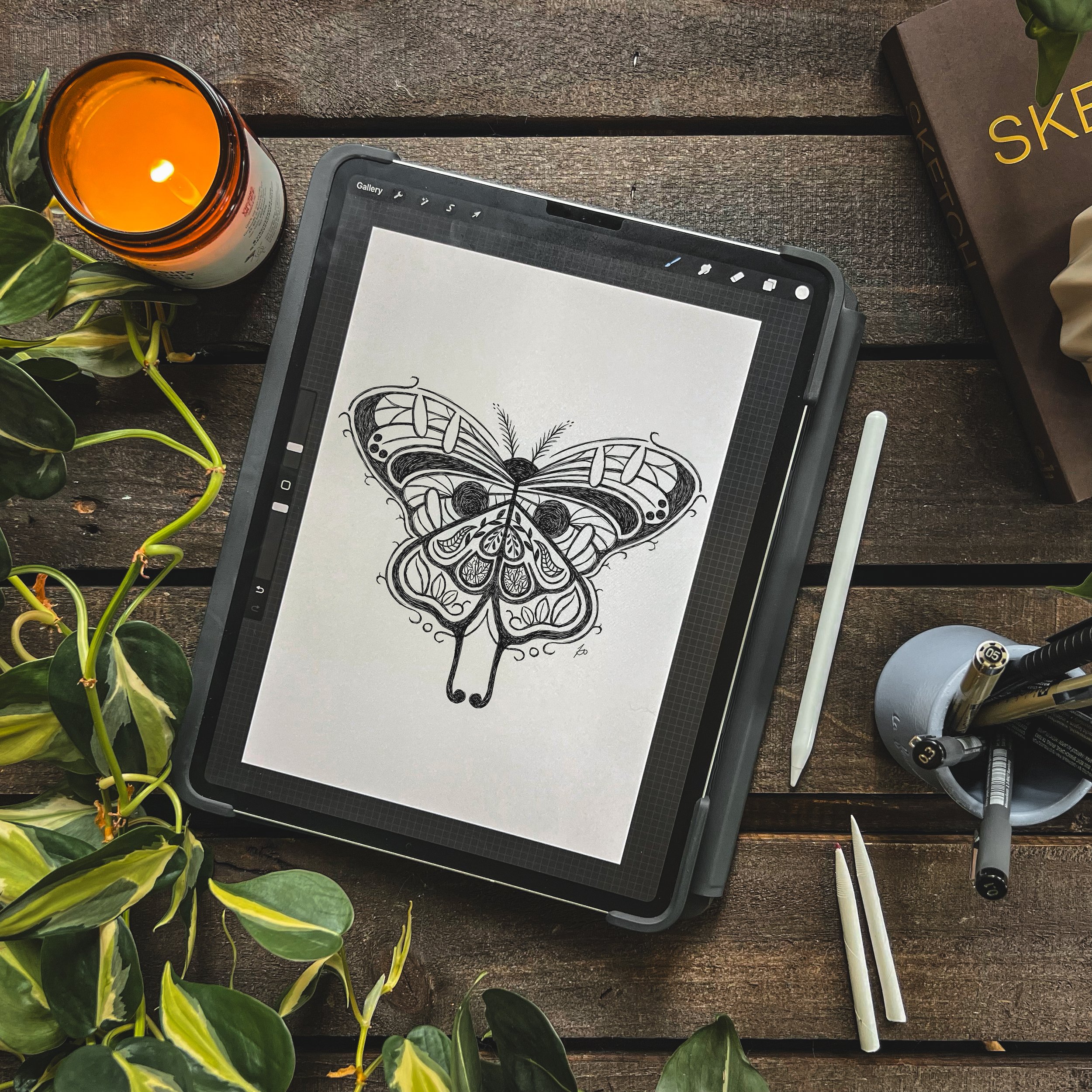 birdseye view of ipad with digital drawing of larry the moth. Plants, candle and apple pencil on table around device.