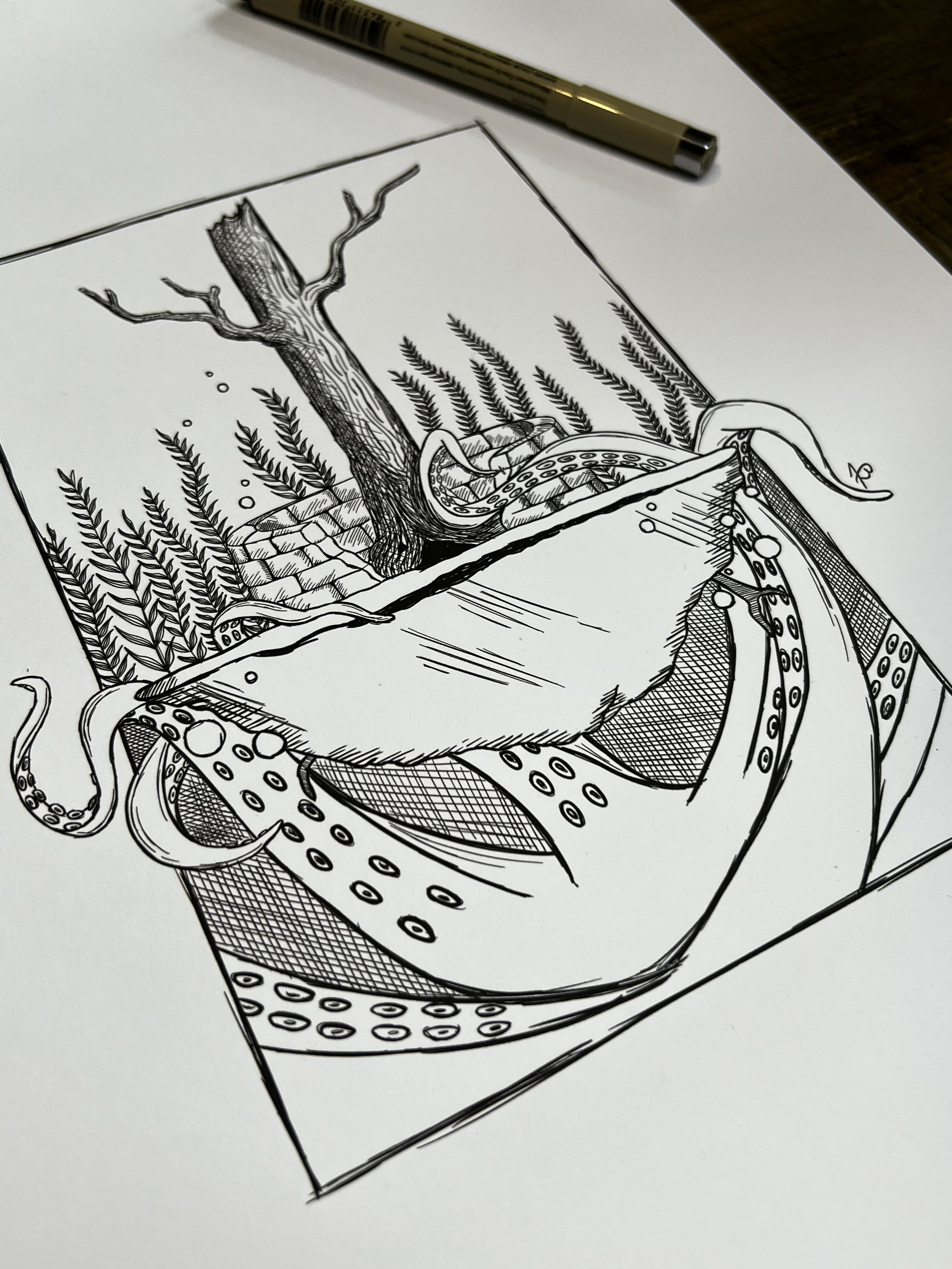 closeup view of final print with ink pen