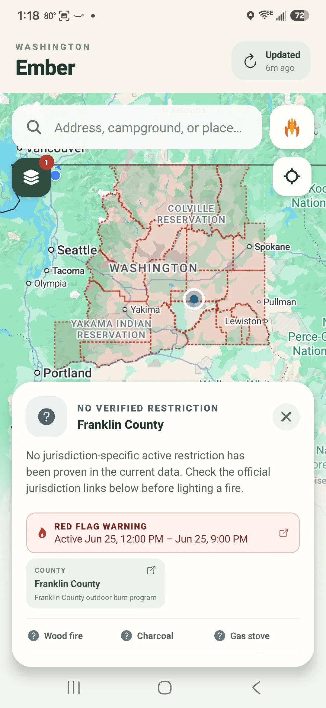 Red Flag Warning banner on the restriction card
