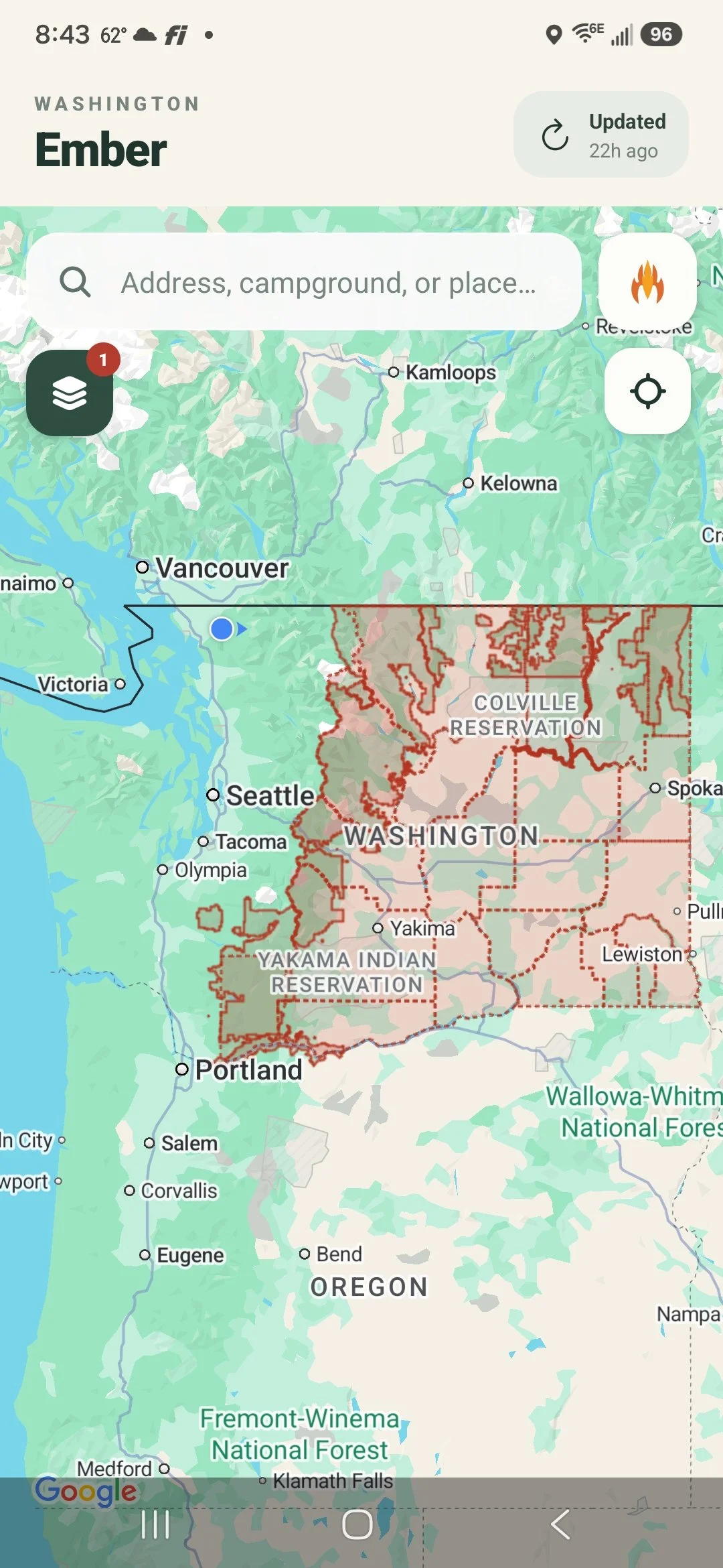 Ember map view with jurisdiction boundary overlay and Updated chip