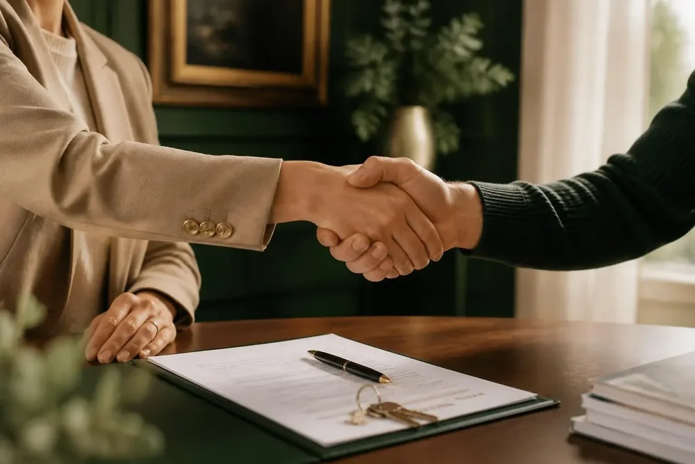 Two people shaking hands across a desk